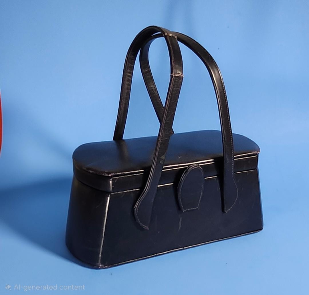 Vintage 1950s BLACK VINYL MAKEUP BOX HARD CASE with Mirror