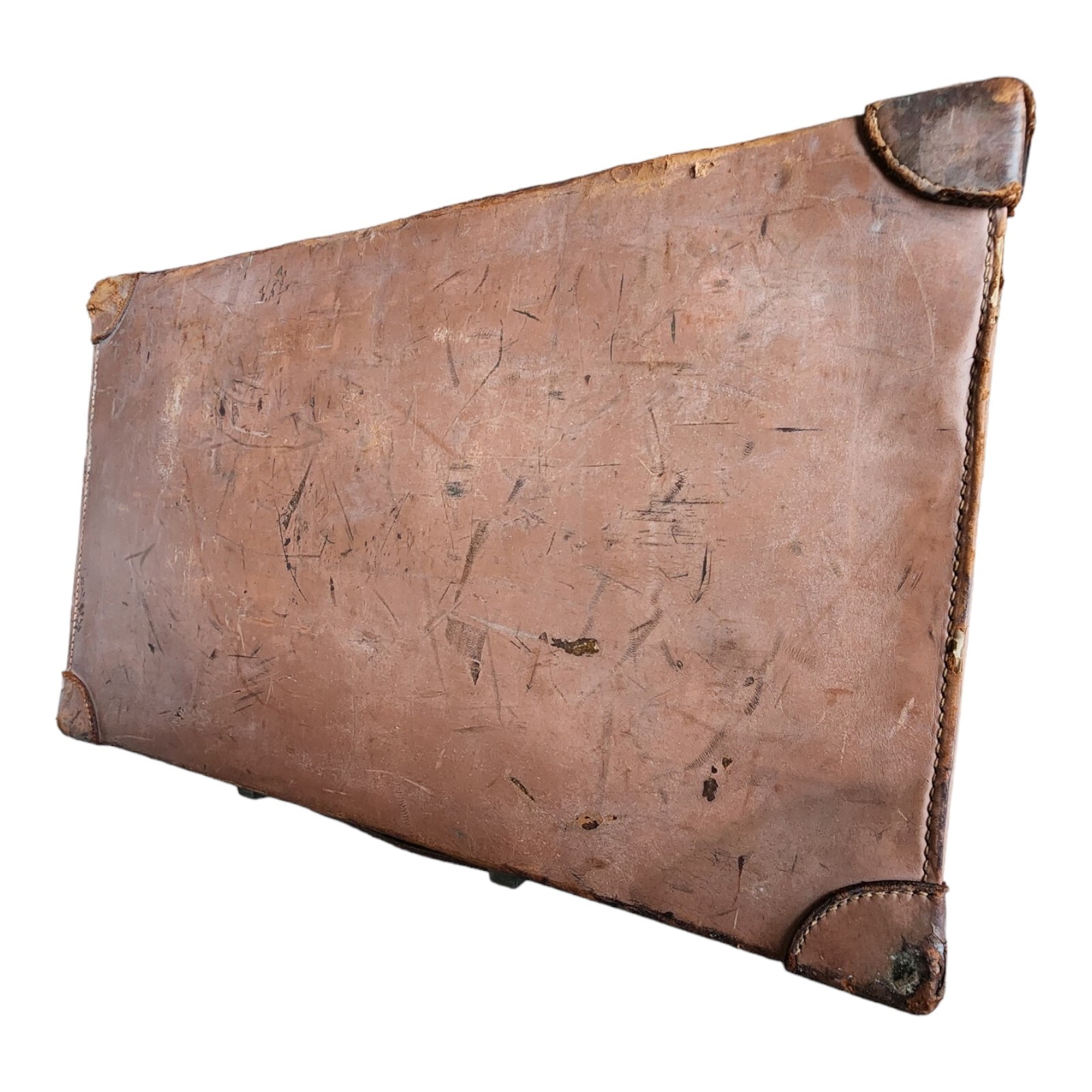 Antique Edwardian Leather Suitcase w/ Original Travel Stickers | 24″ x 15″ x 7″