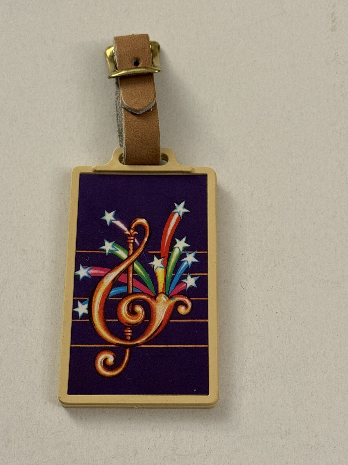 Vtg Luggage Tag Along Retro 90s 80s Music Notes USA Leather Strap PB22A