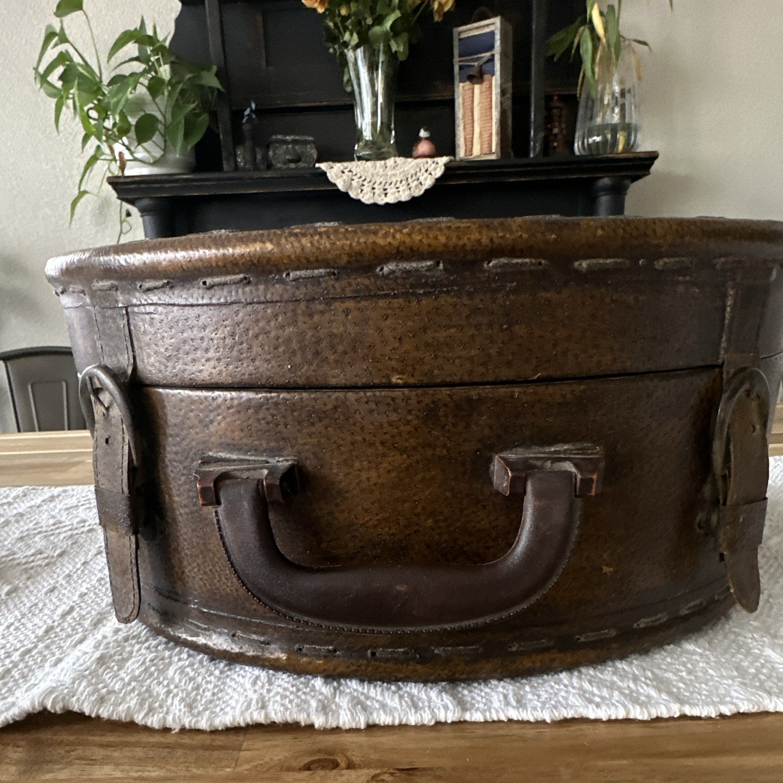 True Vintage Brown Leather Hard Case Hatbox-Style Suitcase w/ Extra Compartments