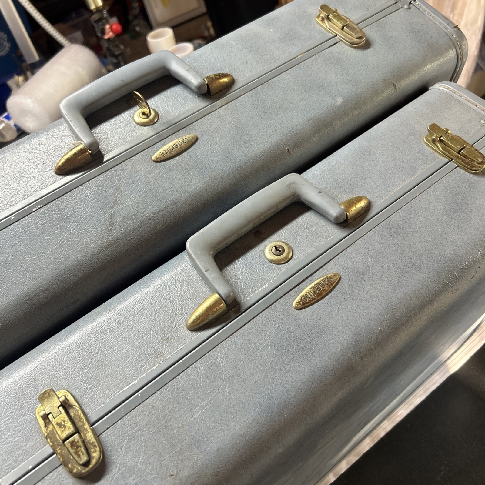 Vtg 1950 Taperlite Hard Shell Blue Gray Vinyl Luggage Set Locking 2 Piece W/Key