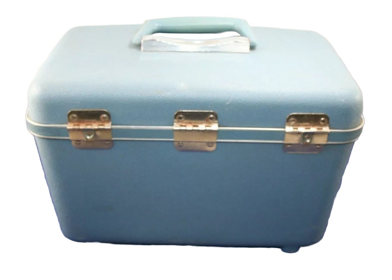 Vintage 1960’s Train Case Overnight Cosmetic Makeup Hard Shell Blue