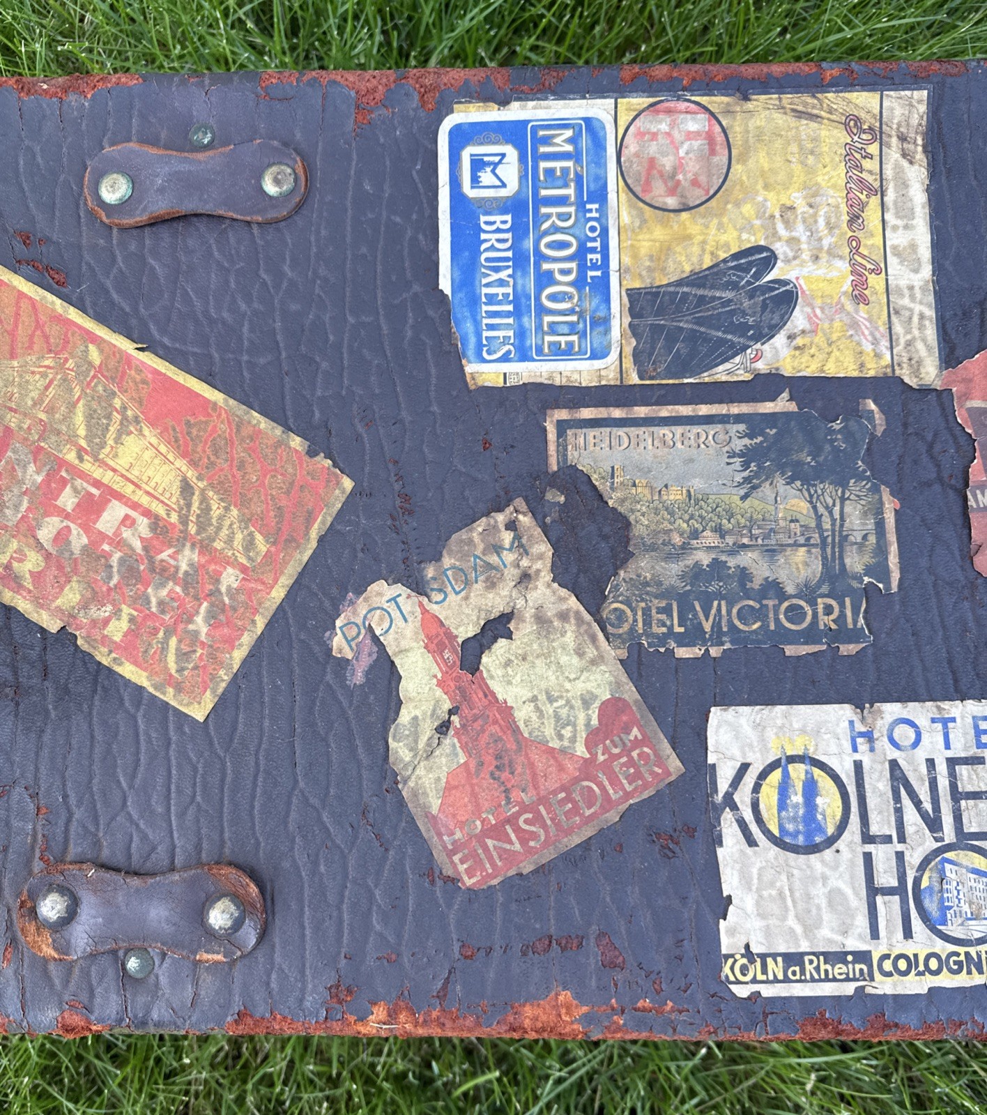 Antique Suitcase Circa 1900-1920 With Original Keys Leather Straps Stickers