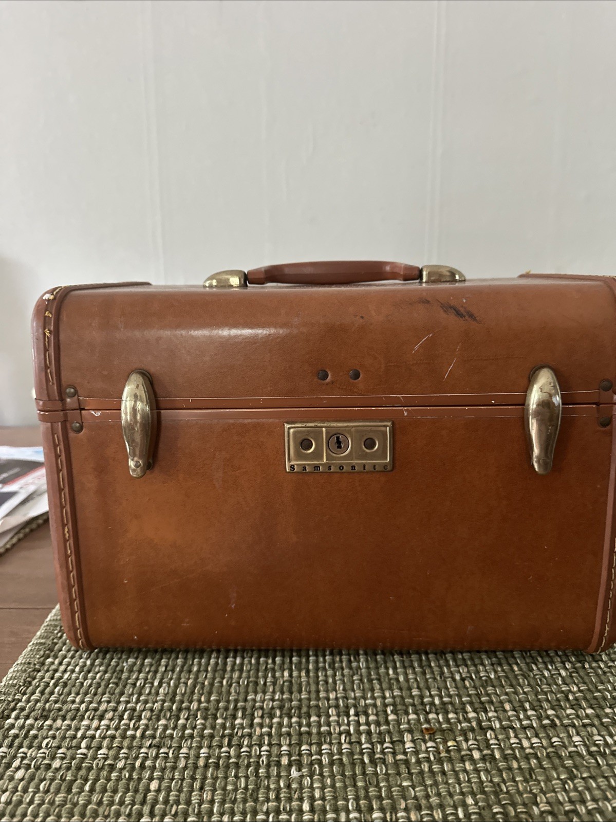 Vintage Samsonite Leather Luggage Train Case Railroad Bag Brown No Key