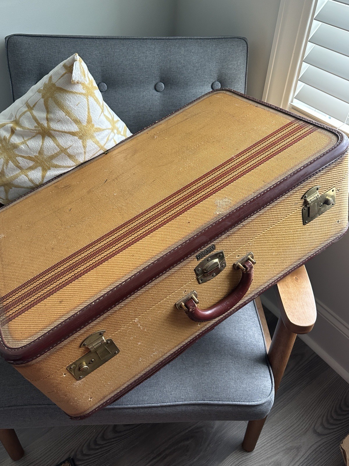 Vintage MCM Jet Age Leather Canvas & Brass Aero Pak PRESTO Modern Suitcase w/Key