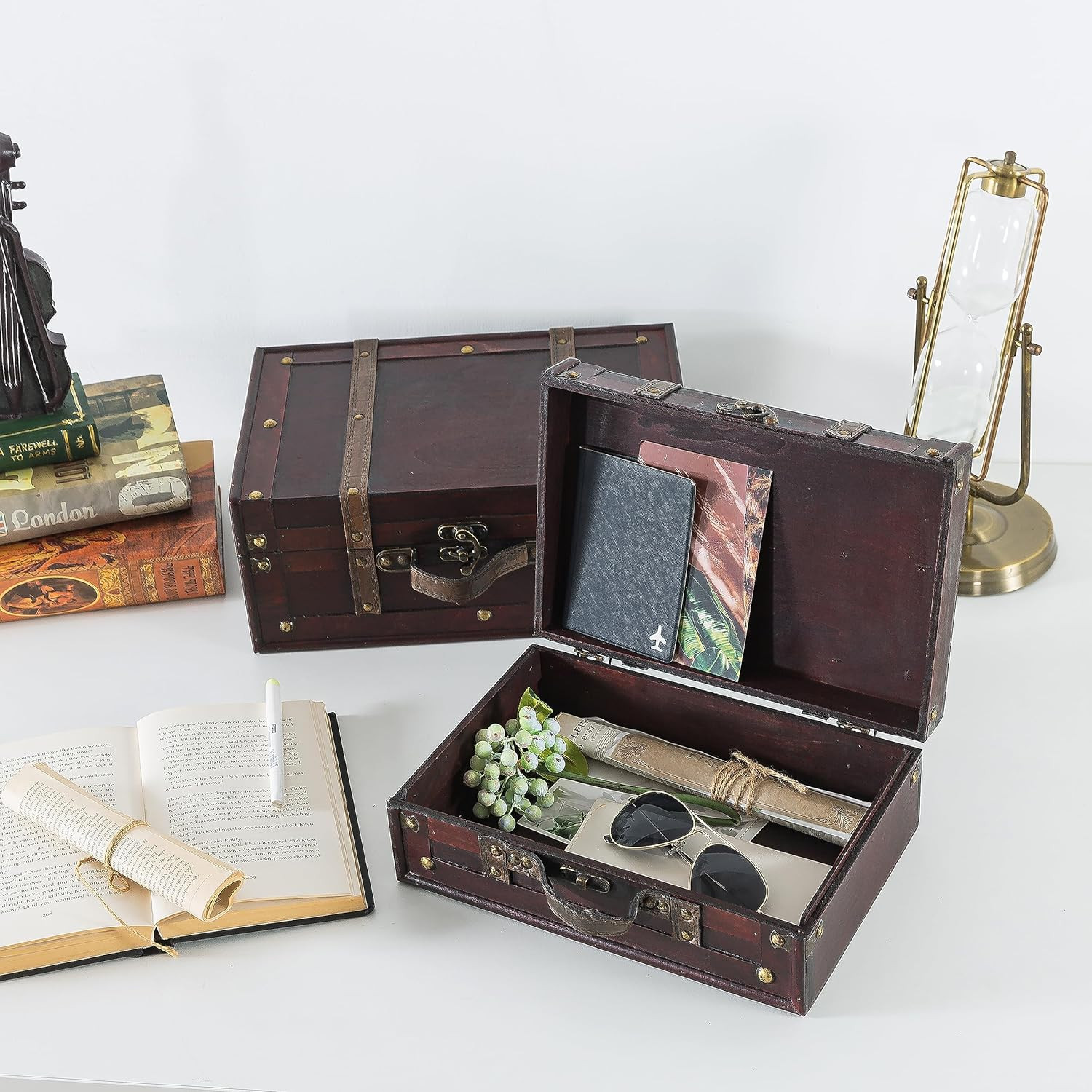 Vintage Wooden Luggage Trunks – Set of 2 Decorative Antique Suitcase Boxes