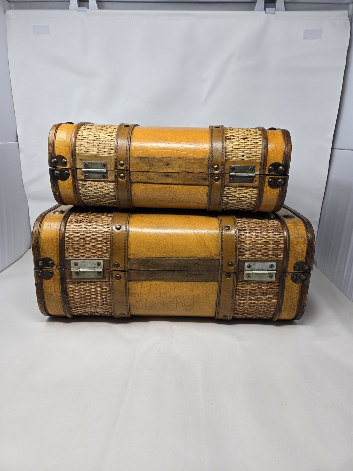 Vintage Decorative Suitcase Set Of 2 Storage Trunk Wood Latice Leather Distresse