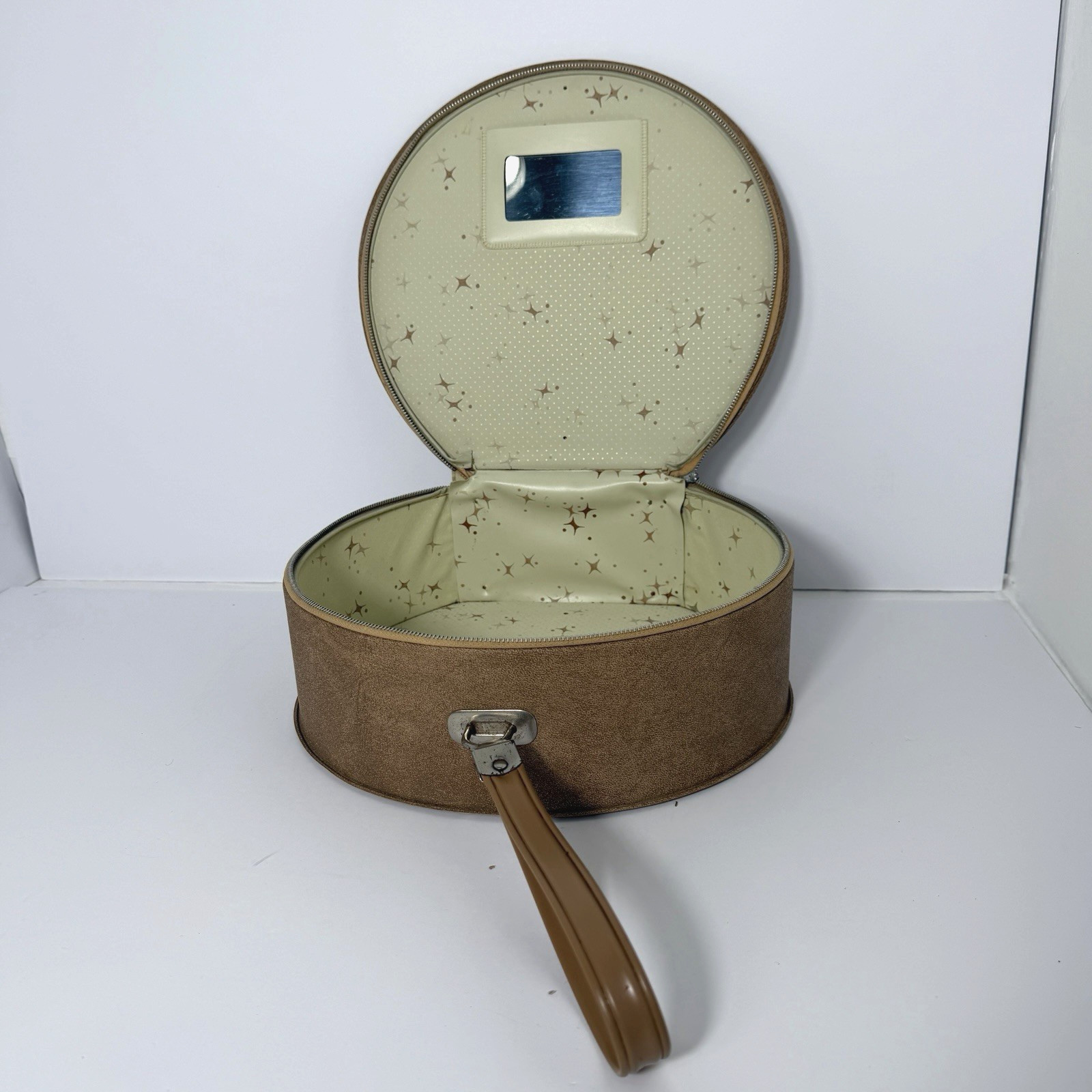 VTG MCM Round Hat Box Atomic Starburst Interior State Zipper Grandmacore