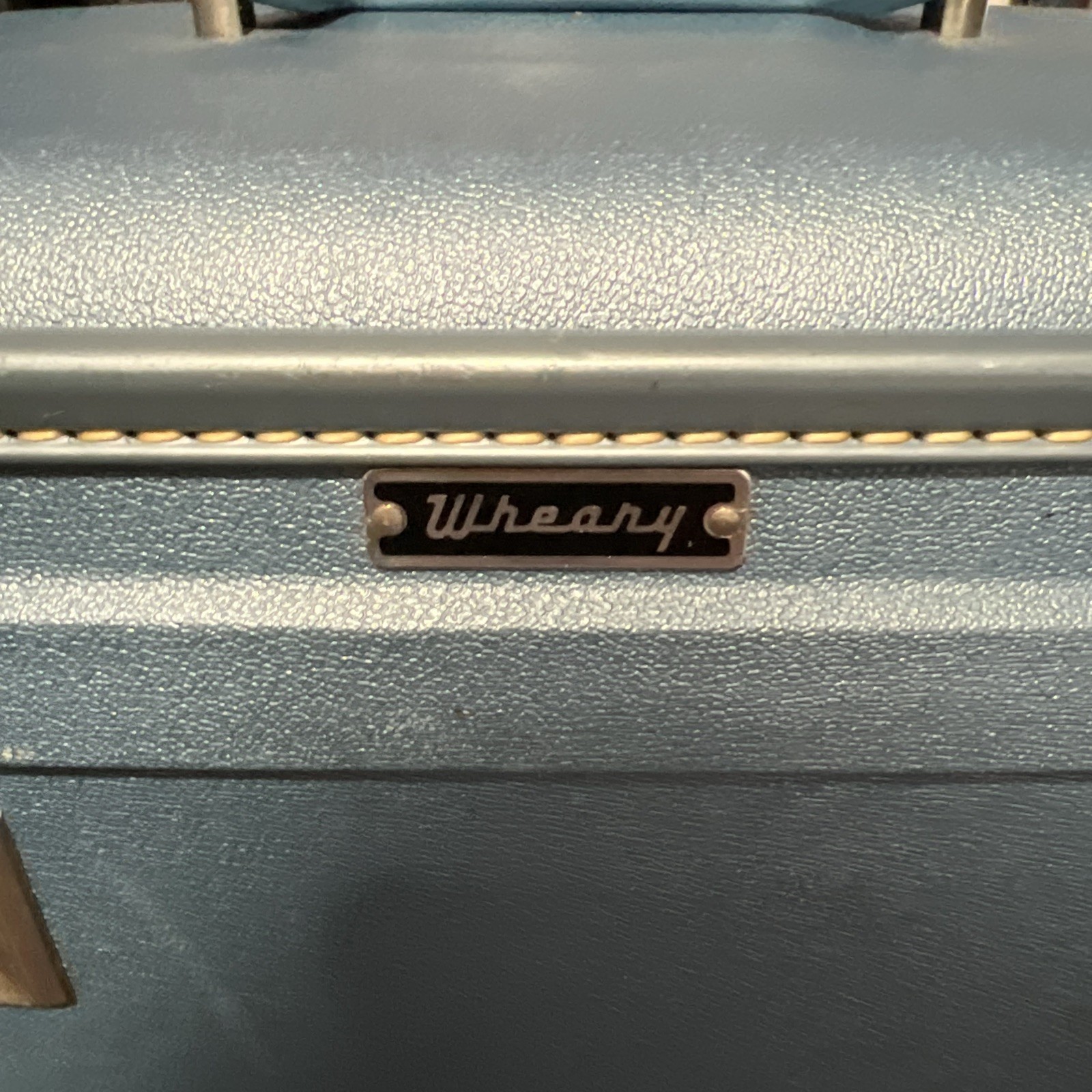 Vintage Wheary Travel Cosmetic Bag Hard Case Luggage Suitcase Blue 14”x9”x9”
