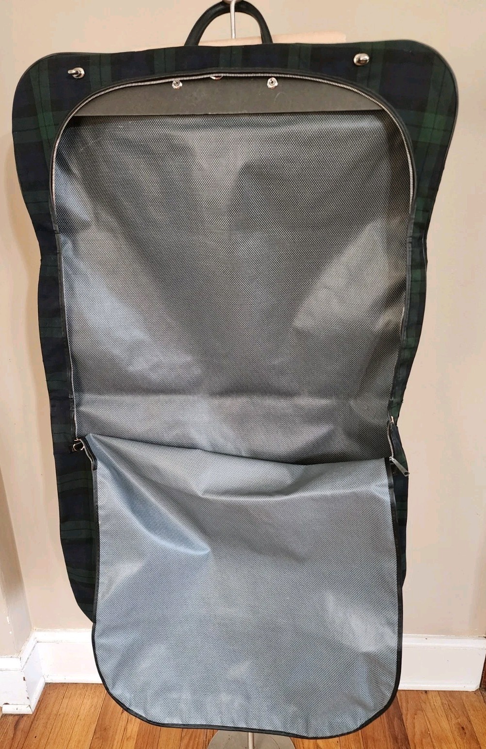 Vintage Tartan Garment Suit Bag Navy Green Plaid Hanging Foldable with Zipper