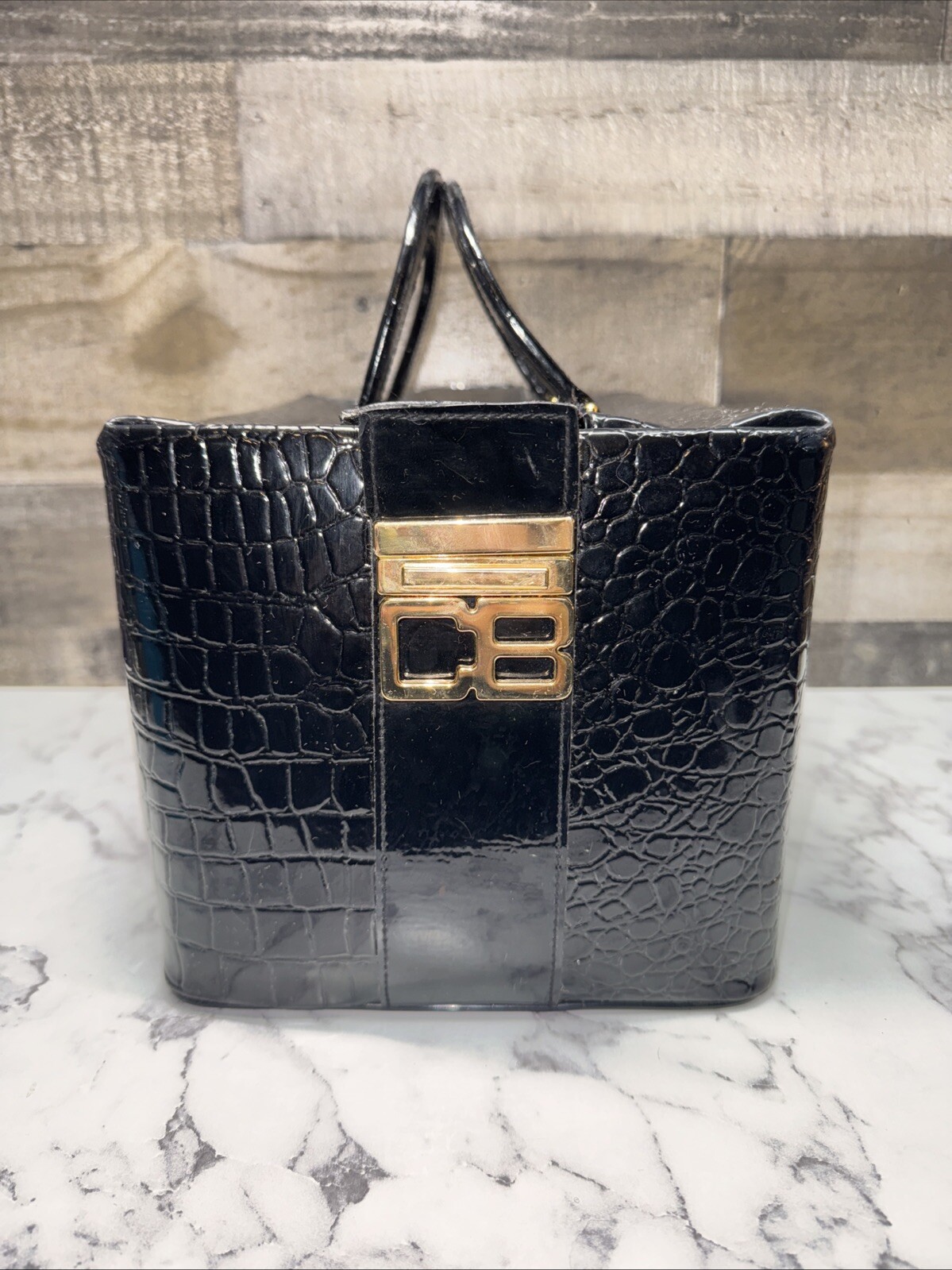 CB Vintage Crocodile Patent Leather Makeup Train Case Black