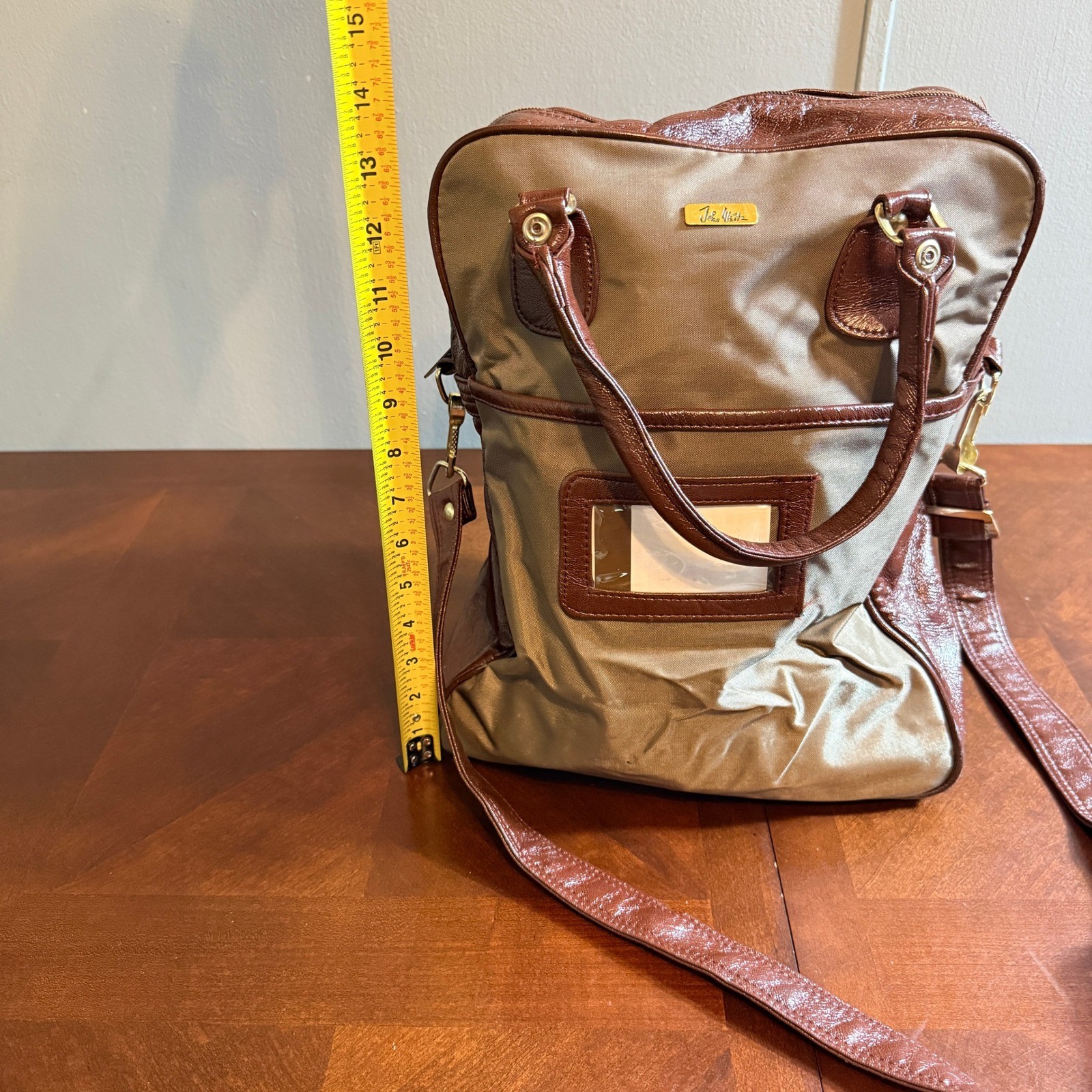 Vintage John Weitz Carry On Luggage Bag Brown Tan Canvas Duffel Shoulder Strap