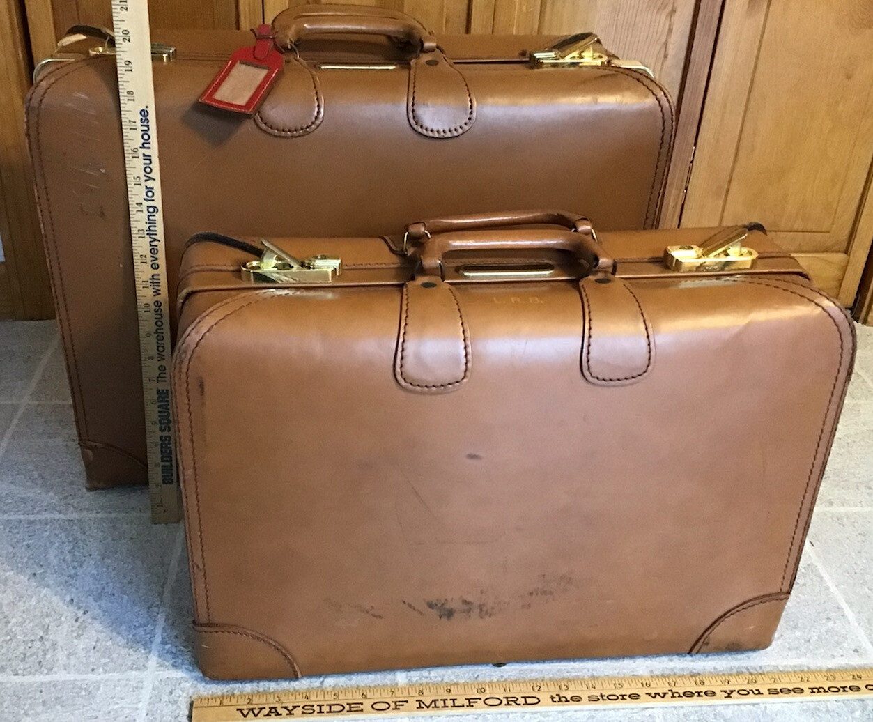 2 Pc Set Vintage Genuine Brown Cowhide Leather Top Grain Suitcase Luggage 1970’s
