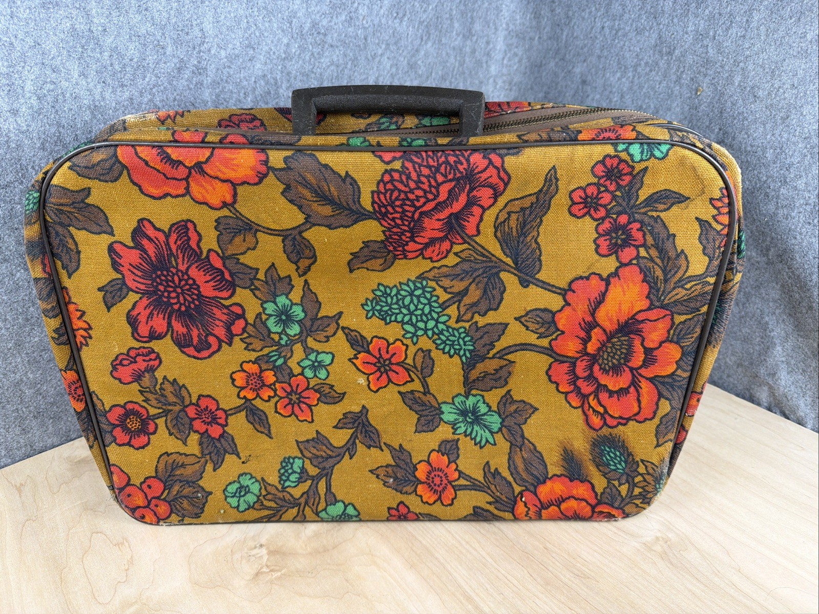 Vintage Floral Suitcase Made in Japan w/ Key Retro Travel Luggage 60s 70s smokey