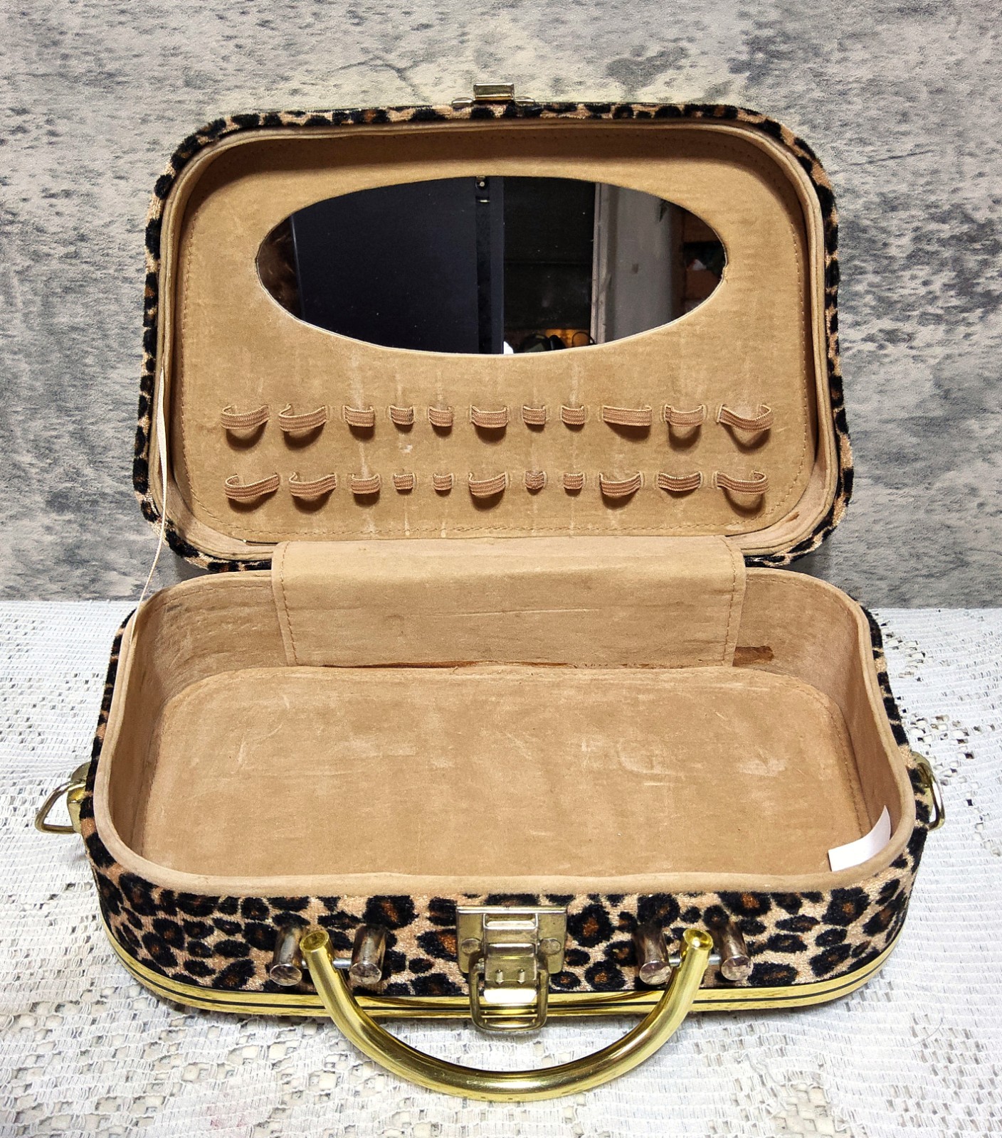 Vintage Leopard Print Jewelry Box Train Case Mid Century Modern Gold Tone Mirror