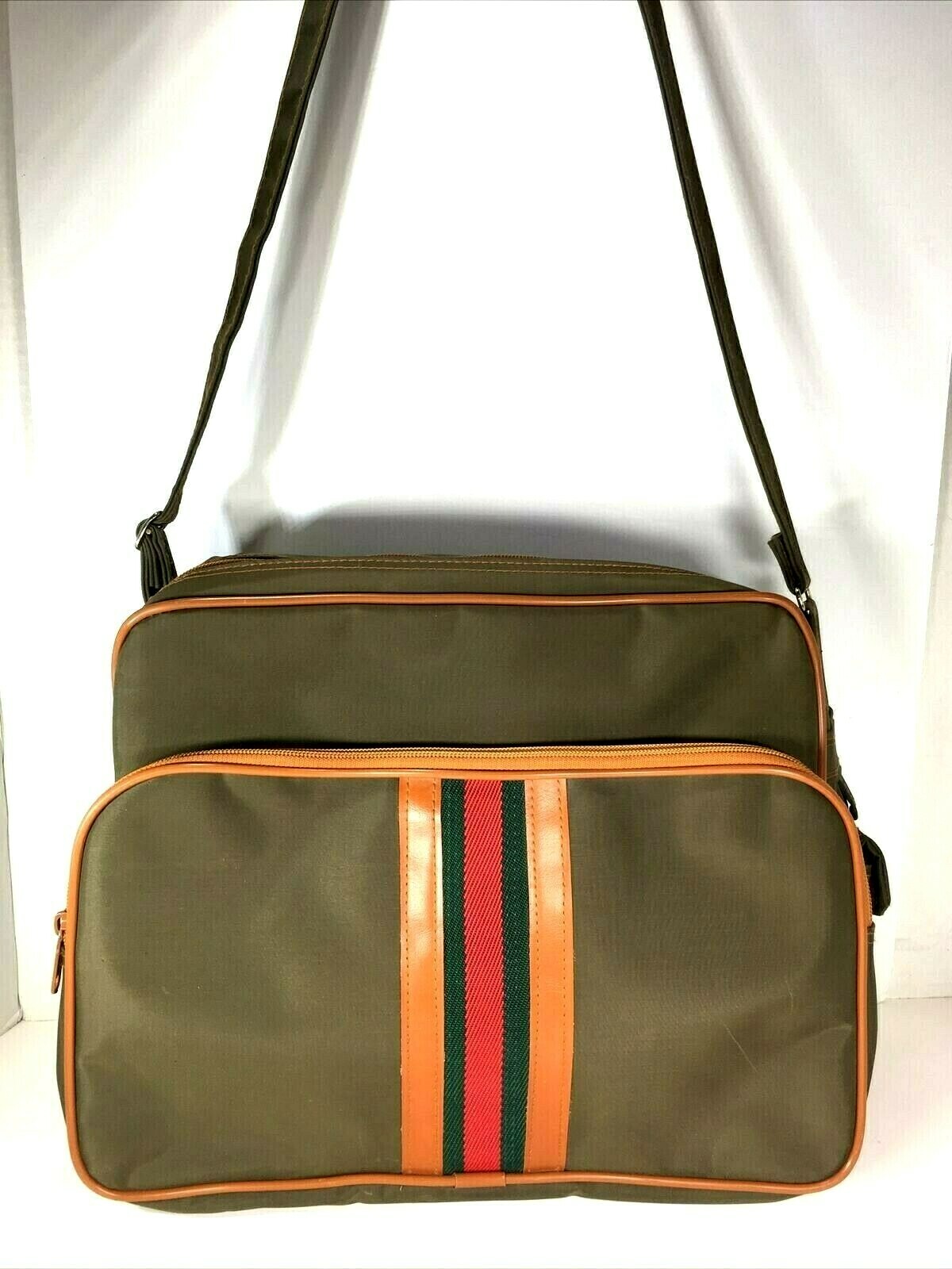 Mr Roberts RARE Vtg Olive Green Carry On Travel Bag w/ Green Red “Status Stripe”