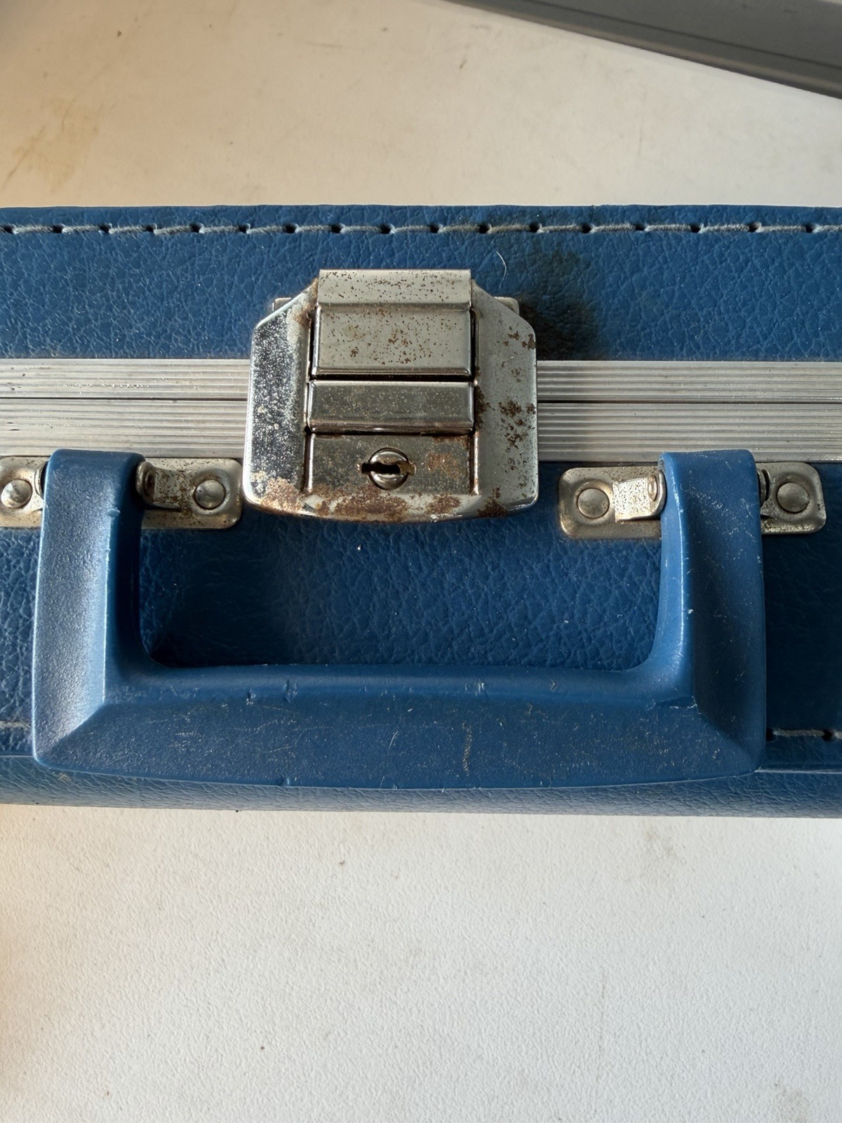 Vintage 1960s Blue Hard Vinyl Lockable Suitcase “I’m Going to Grandma’s” Train