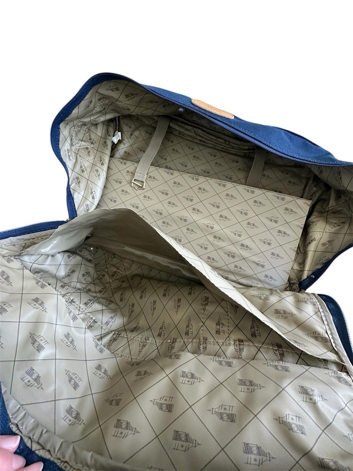 London Fog VTG Navy Canvas Weekender Duffle Bag Big Ben Logo Lining Leather Trim