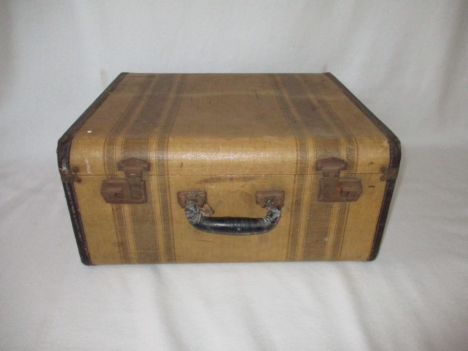 Vintage Brown/Yellow Tweed Double Stripe Suitcase Luggage 21x17x9 Free Shipping