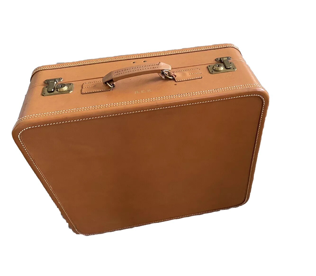 Vtg Luggage Antique Suitcase Amelia Earhart 1940s Tan Leather Boxy 21″ x 20″