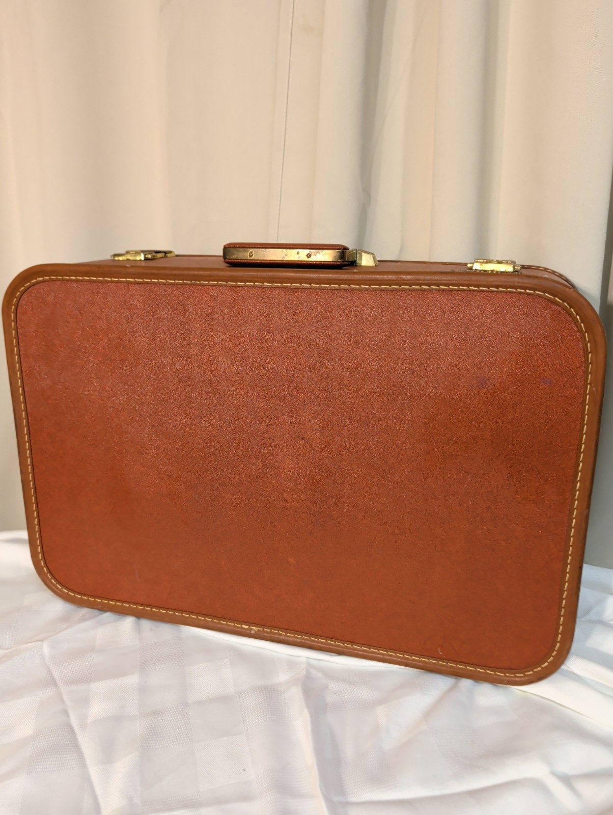 Vintage Starline Lady Luggage Brown Hard Suitcase Brass Stitched Trim 21x14x7″