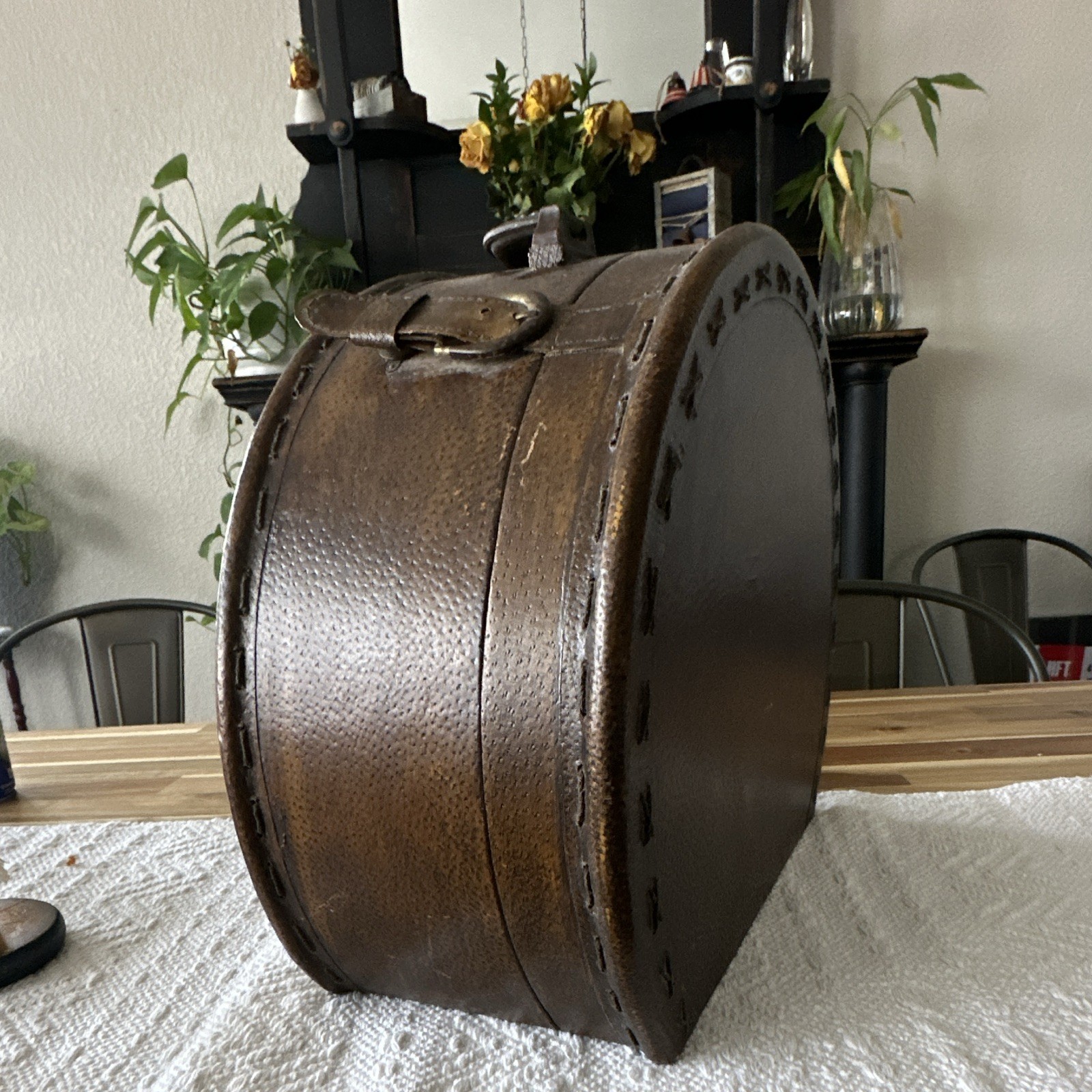 True Vintage Brown Leather Hard Case Hatbox-Style Suitcase w/ Extra Compartments