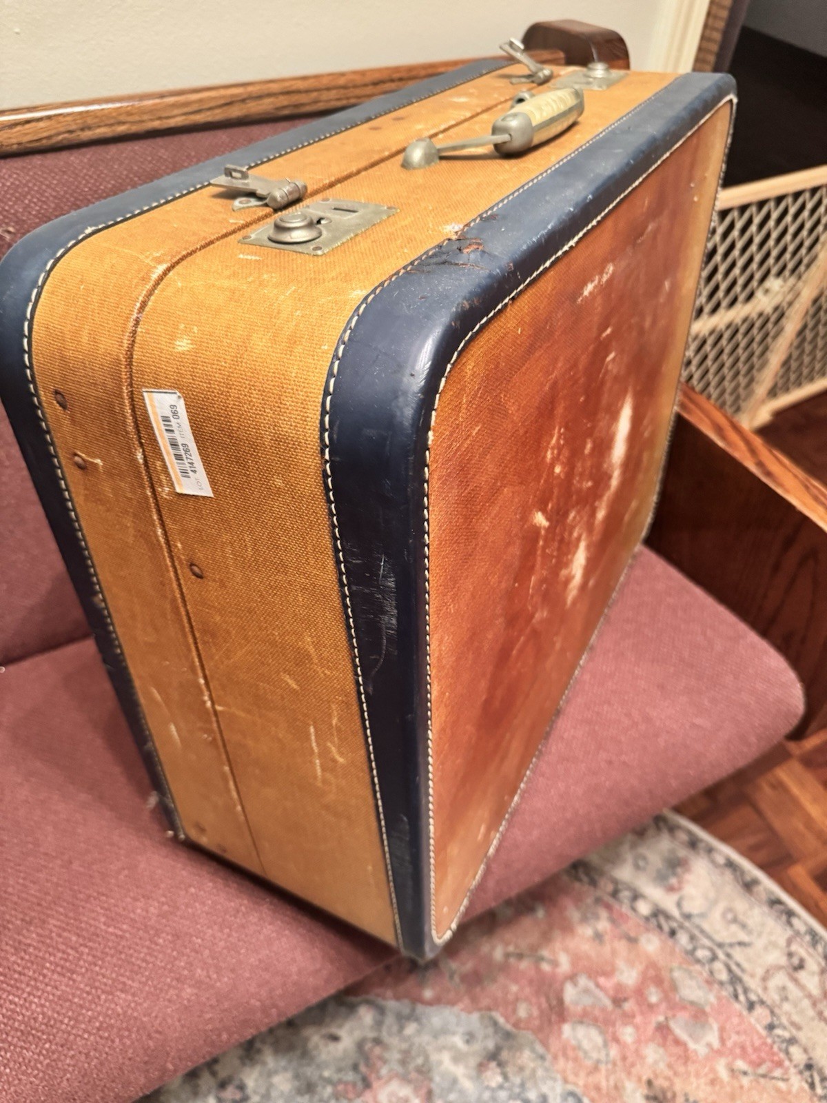 Wheary Vintage 1960s Hard Shell Suitcase Brown Blue Locking Extra Compartments