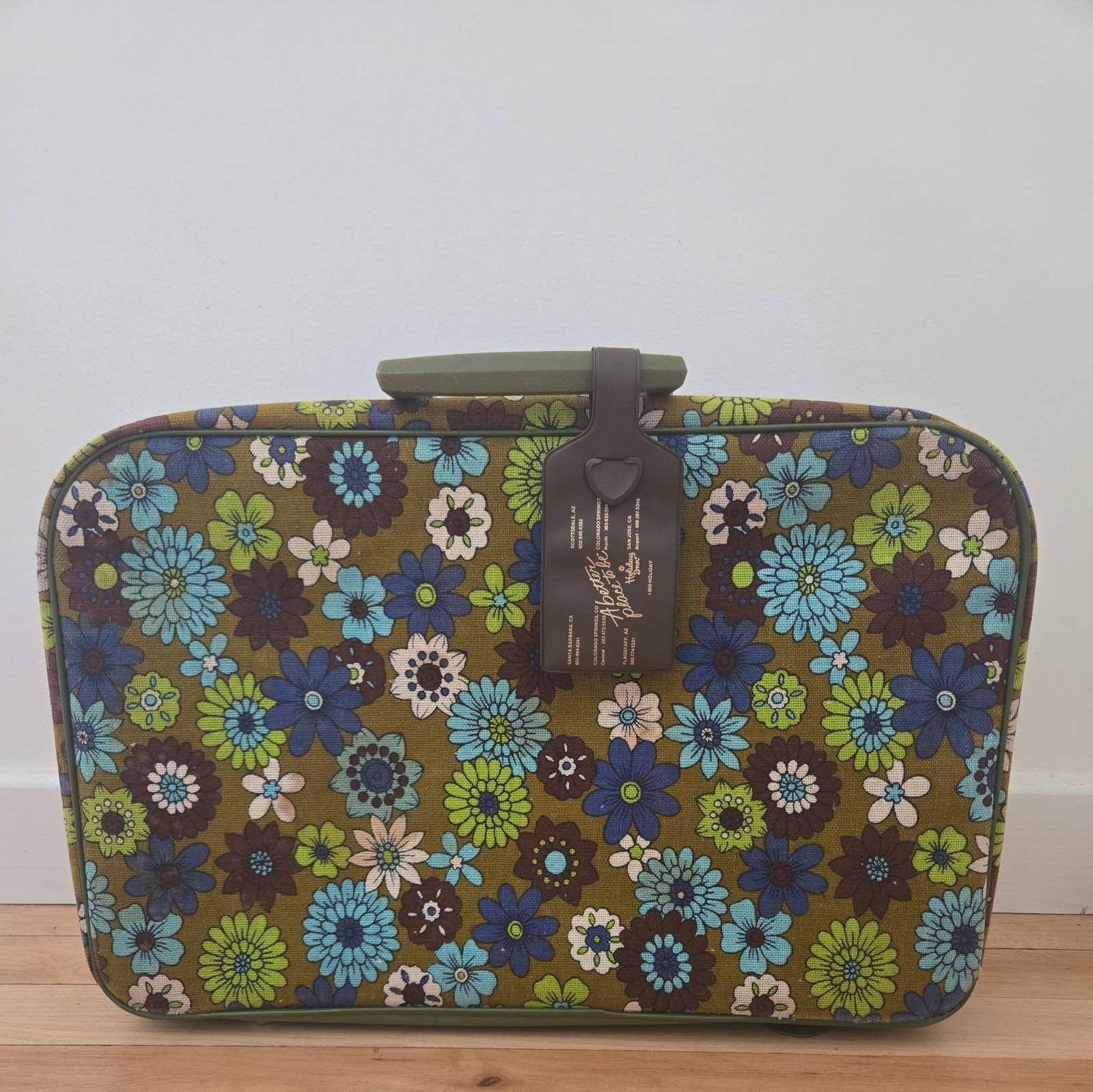 1960s Vintage Bantam Travelware Green Floral Mod Pattern Suitcase Luggage Japan