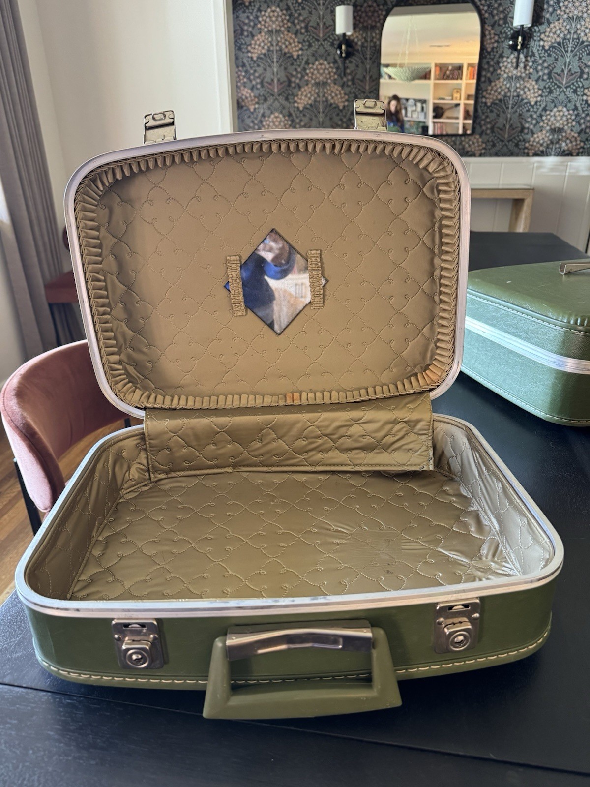 Vintage 1960s Green Vinyl Hard Shell Suitcase Set- Extra Compartments