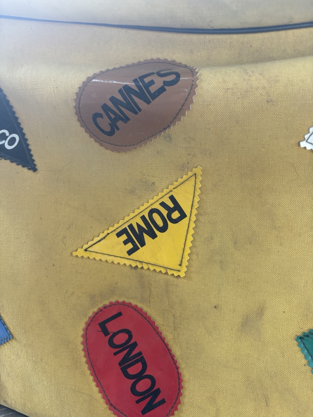 Vintage MCM Mod Yellow Suitcase Vinyl Destination Patches NY Rome Paris Tokyo