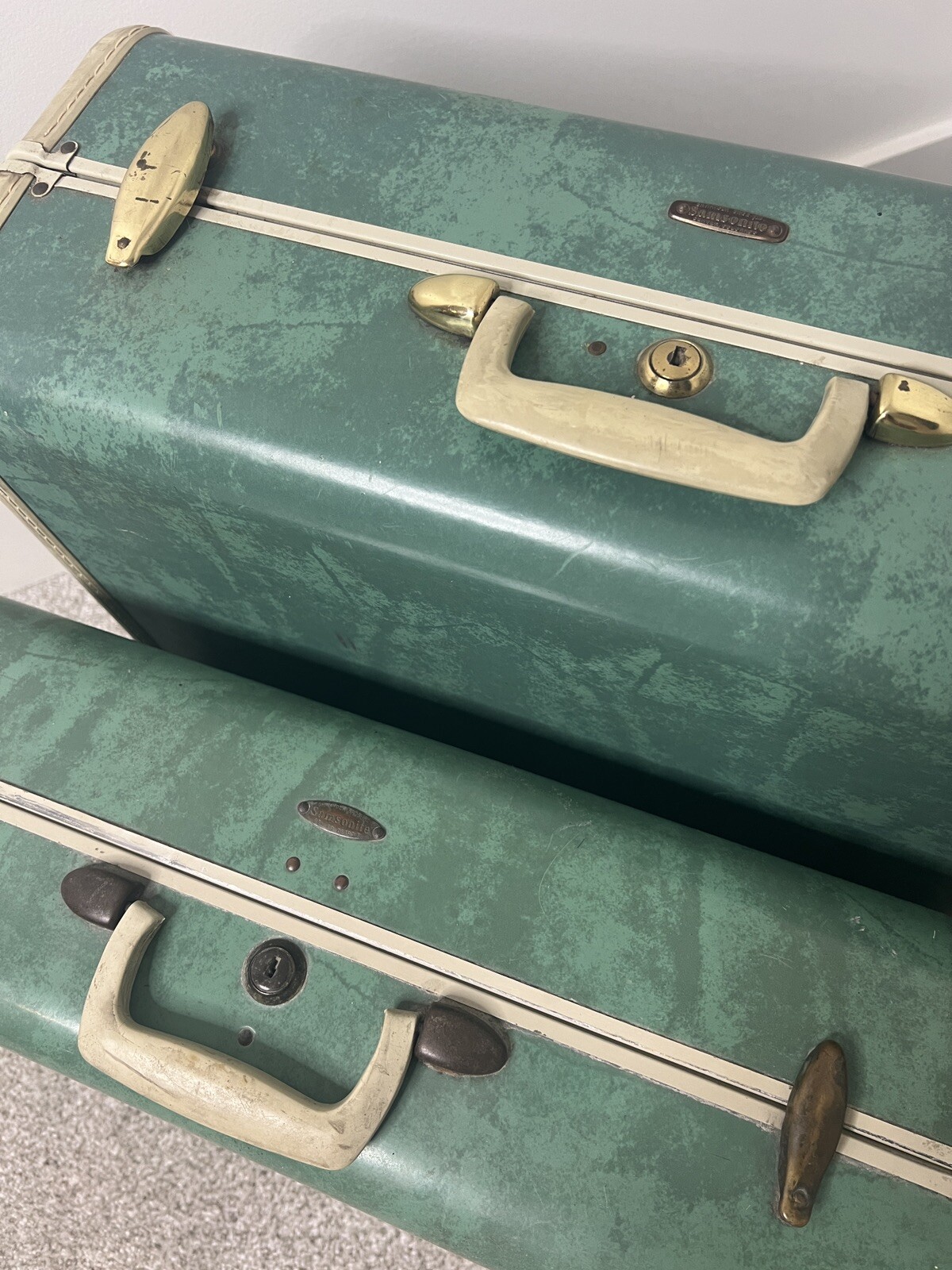 Vintage Samsonite Bermuda Green Marble 2 Piece Luggage Set 17.5” & 13”