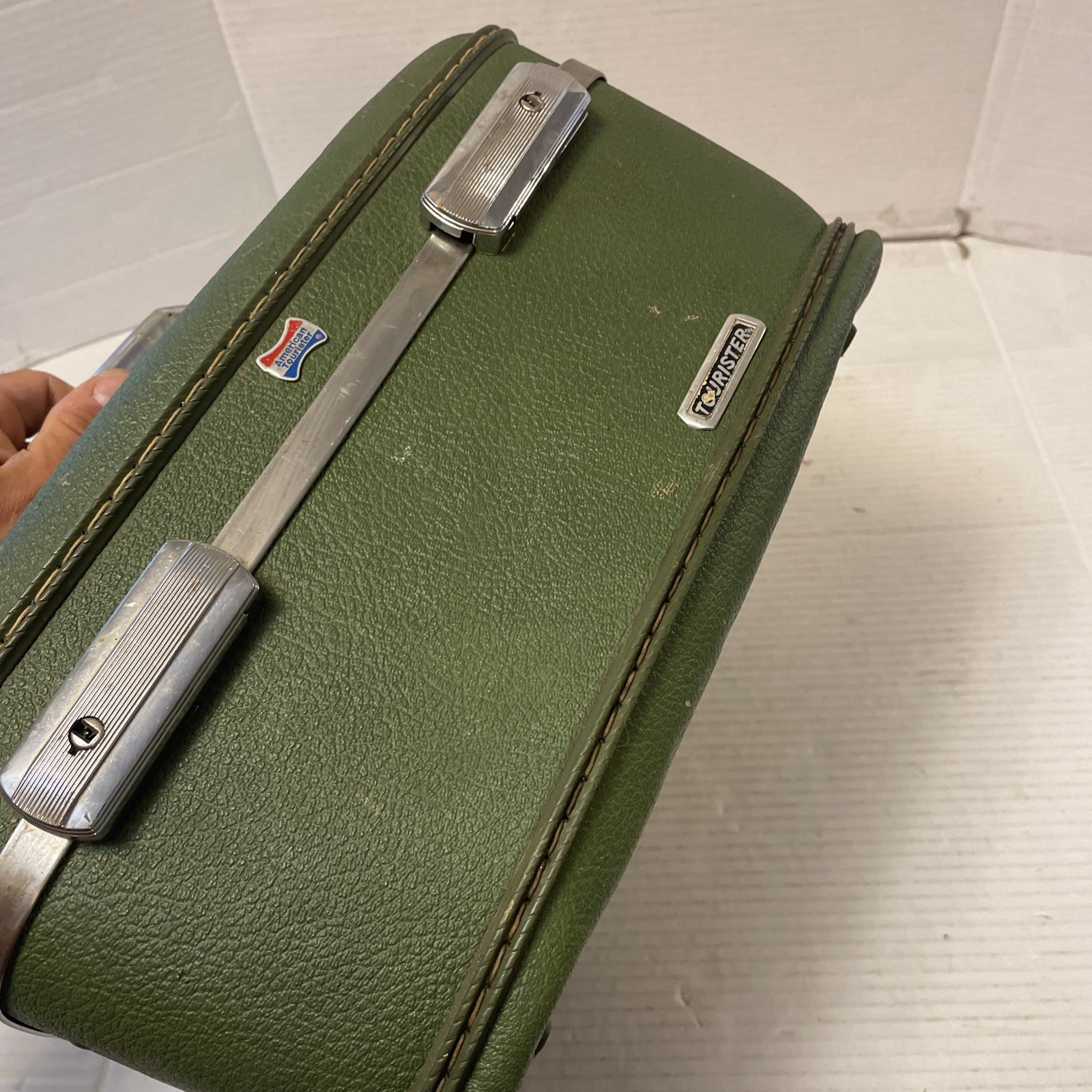 VTG American Tourister Train Makeup Case Avocado Green Hard Shell Travel Case