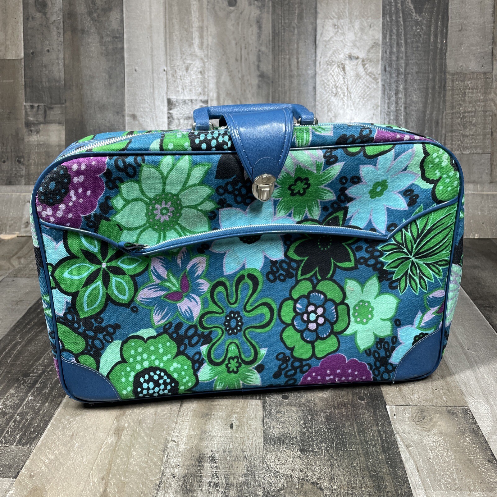 Vintage Retro Mod Floral Carry on Suitcase travel case Blue Purple Green Japan