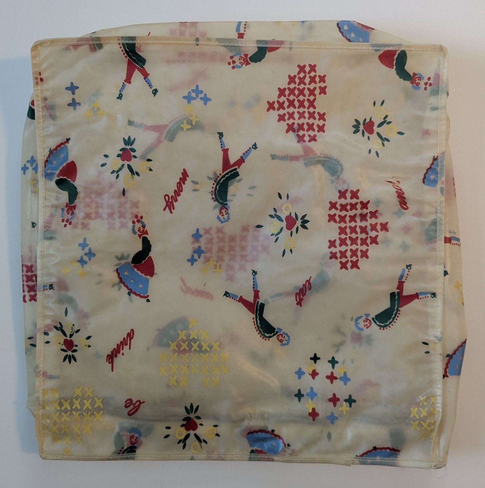 Vtg 50’s Zippered Storage Travel Bag Heavy Plastic 12″ Square Retro MCM Print