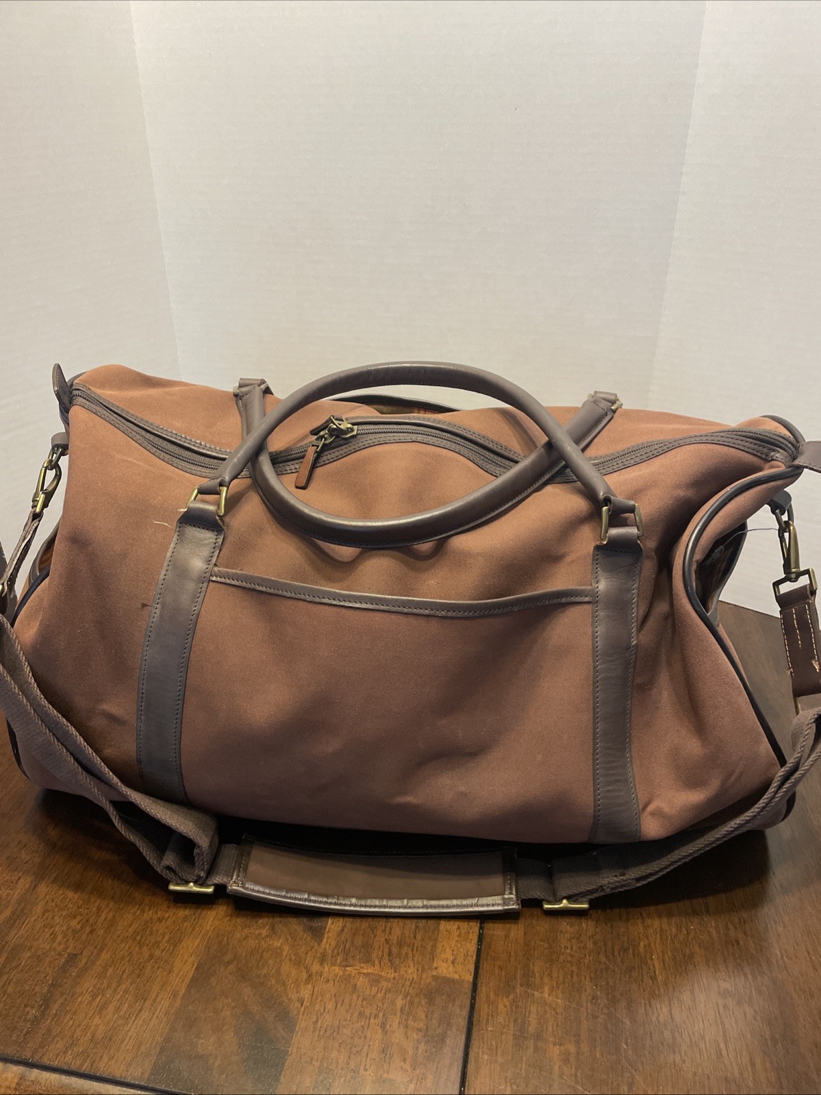 Vintage Canvas And Leather Hartmann Duffle Bag Plaid Lined Interior Approx. 22”