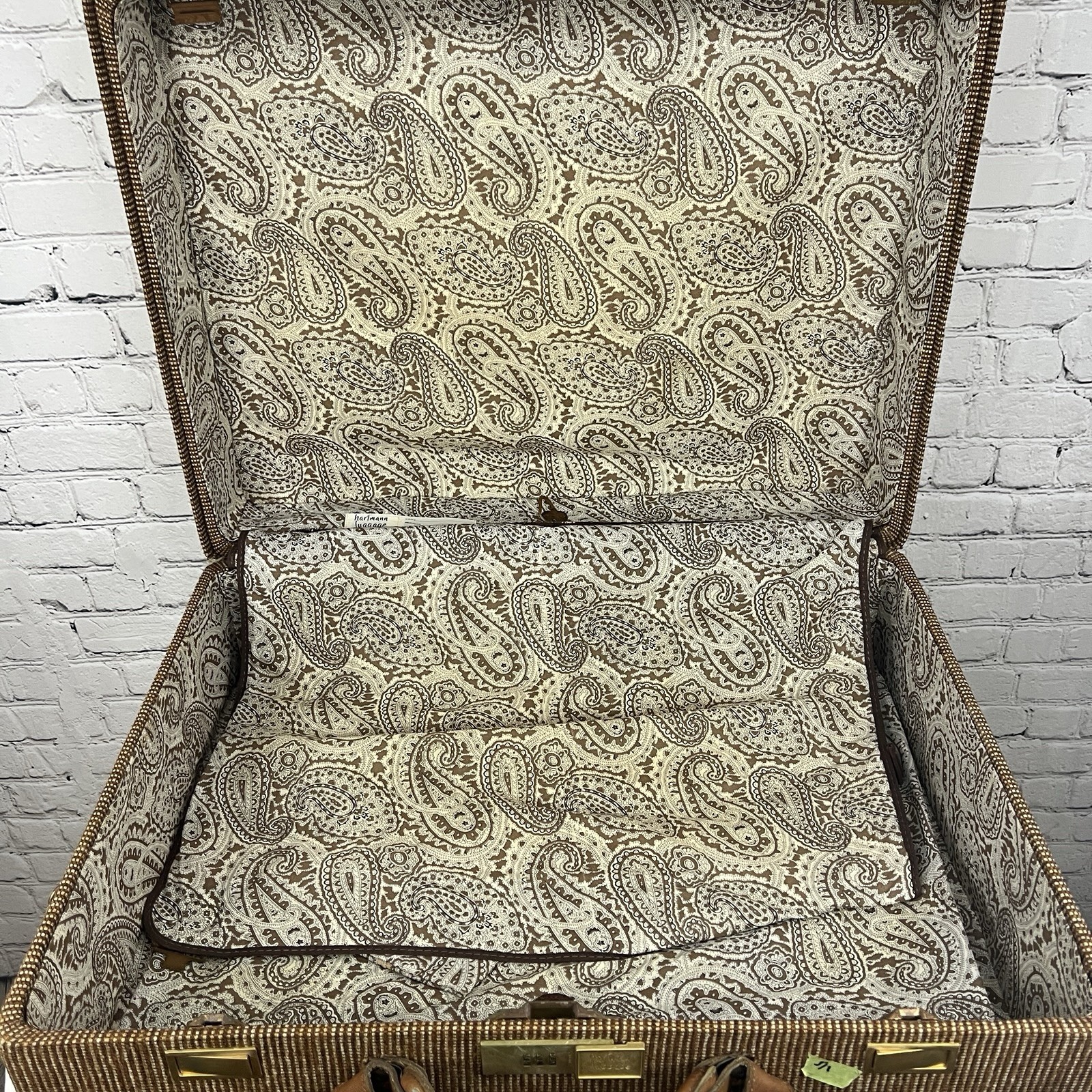 Vintage Hartmann Brown 2 Piece Suitcase Leather Tweed Wheeled Luggage Combo Lock