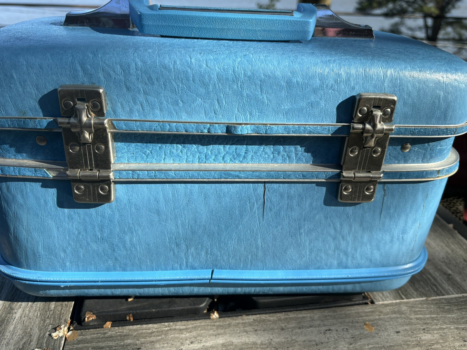 Vintage Airway Travel Train Suitcase Hard Case Luggage Co Blue W Tray & Key
