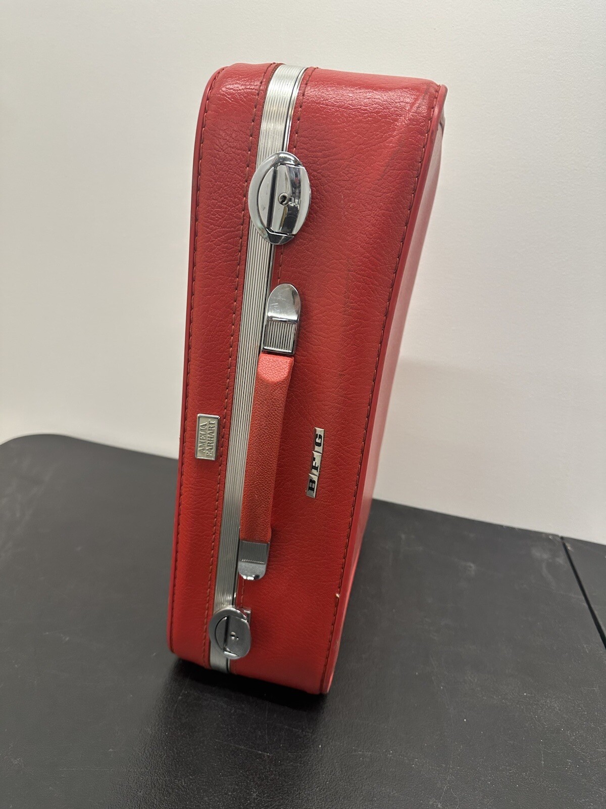 Rare Mid Century AMELIA EARHART Red Suitcase / Luggage Silver Liner No Keys