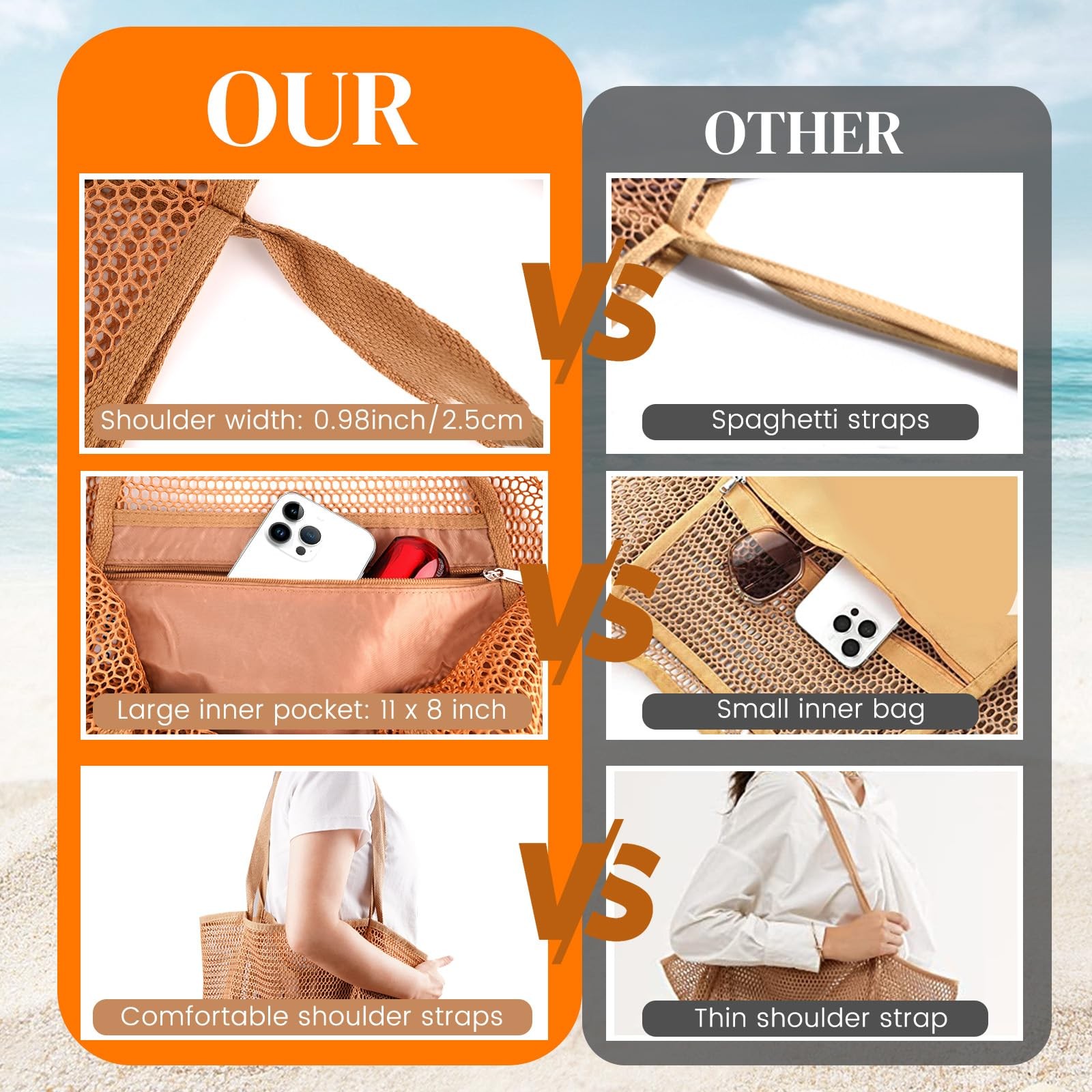 Hohom Beach Bags For Women Summer Travel Mesh Tote Bag Large Inner Pocket