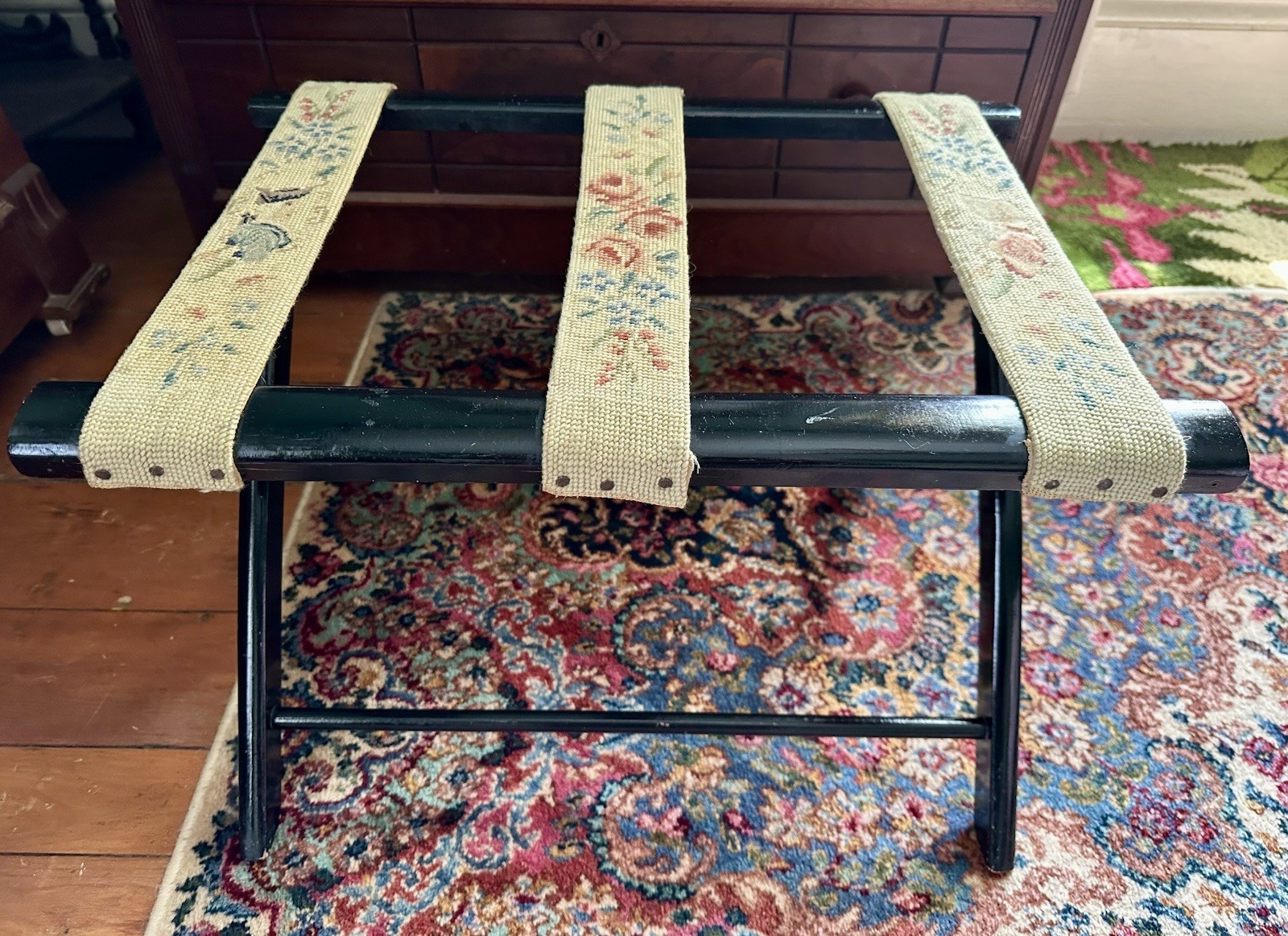 Vintage Antique Black Lacquer Folding Luggage Rack Stand with Needlepoint Straps