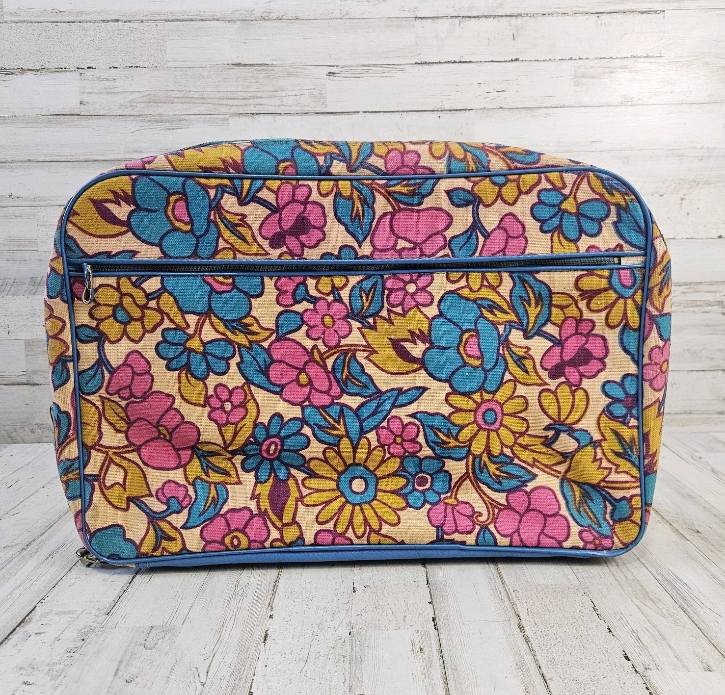 Vintage 70s Floral Bantam Soft Suitcase Blue Purple Yellow Hippie Boho Carry-on
