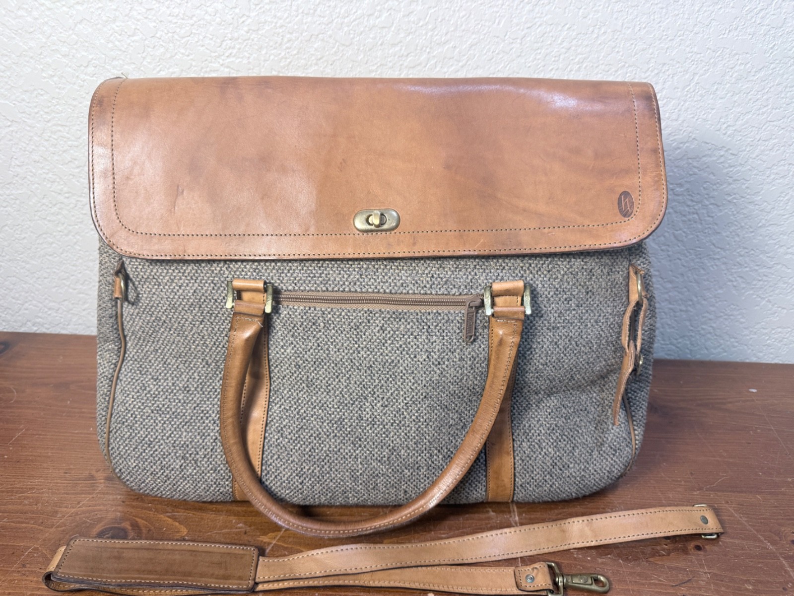 Hartmann Brown Tweed Leather Briefcase Attache Case Tote Overnight Bag Travel