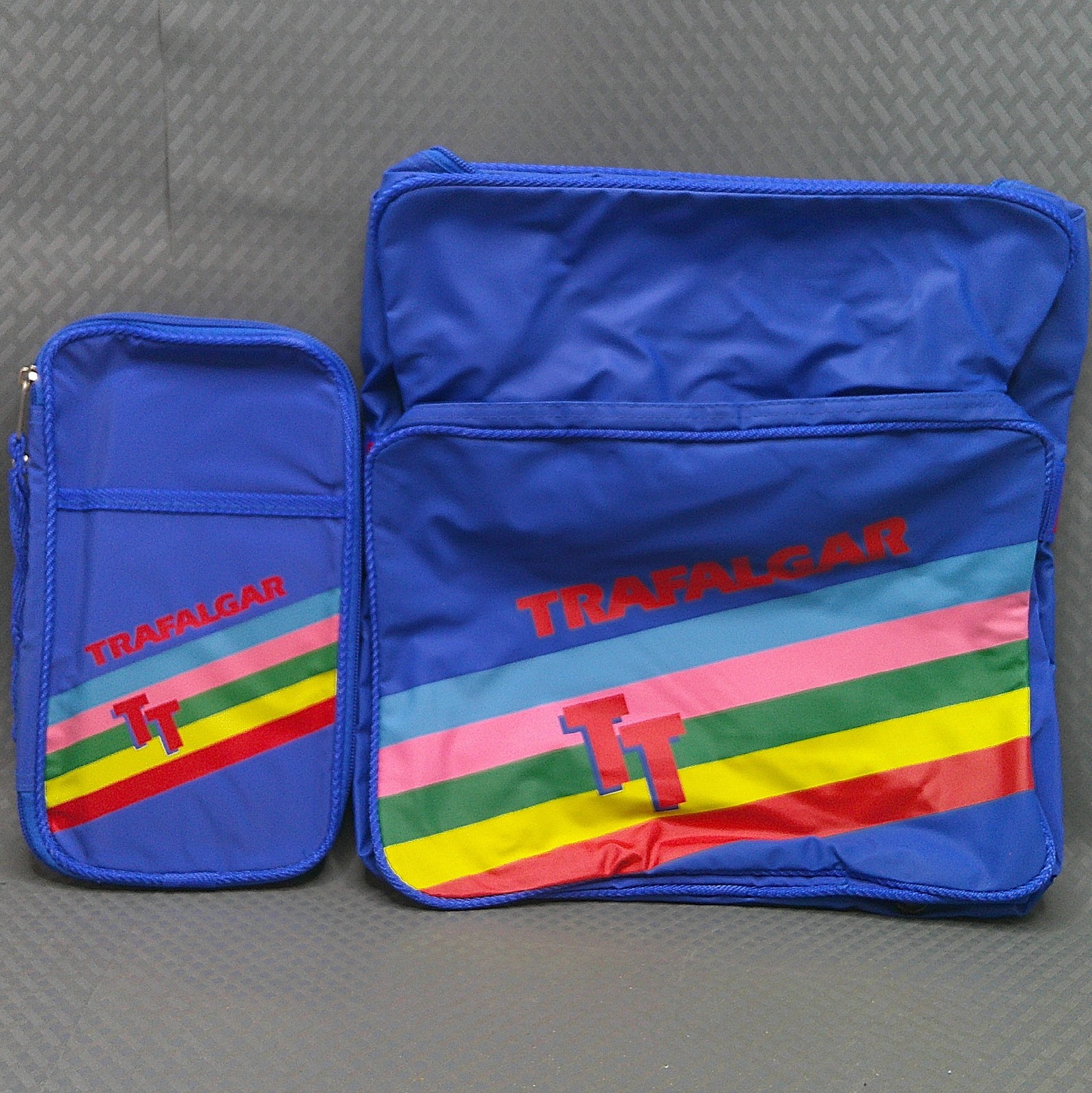 Vintage Trafalgar TT Soft Travel Bag Passport Wallet Strap Zippers Blue Rainbow