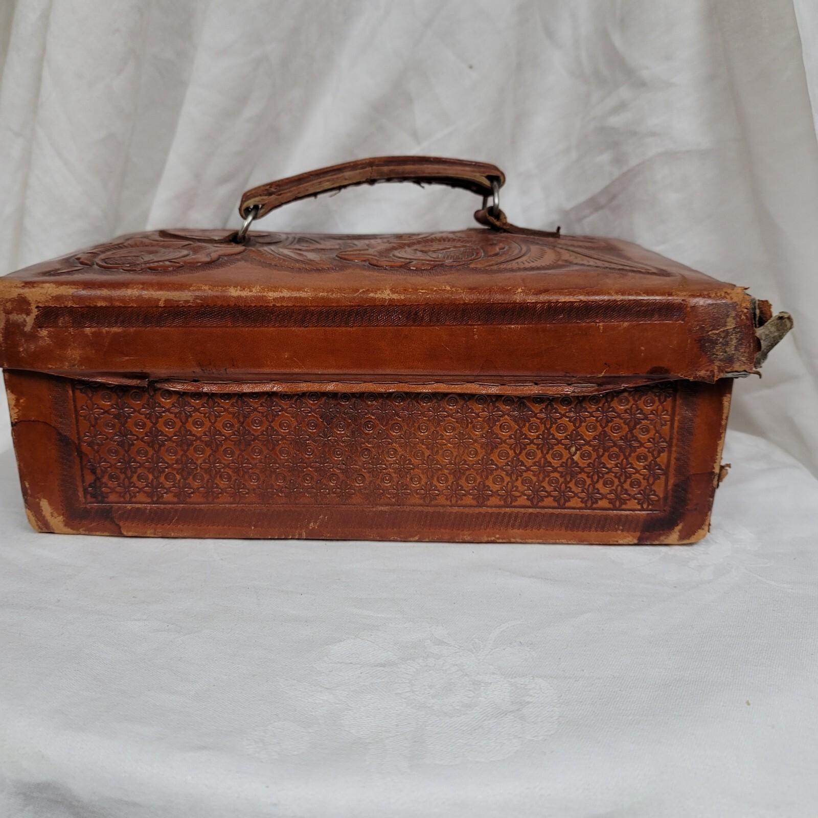 Vintage Hand Tooled Leather Vanity Jewelry Case