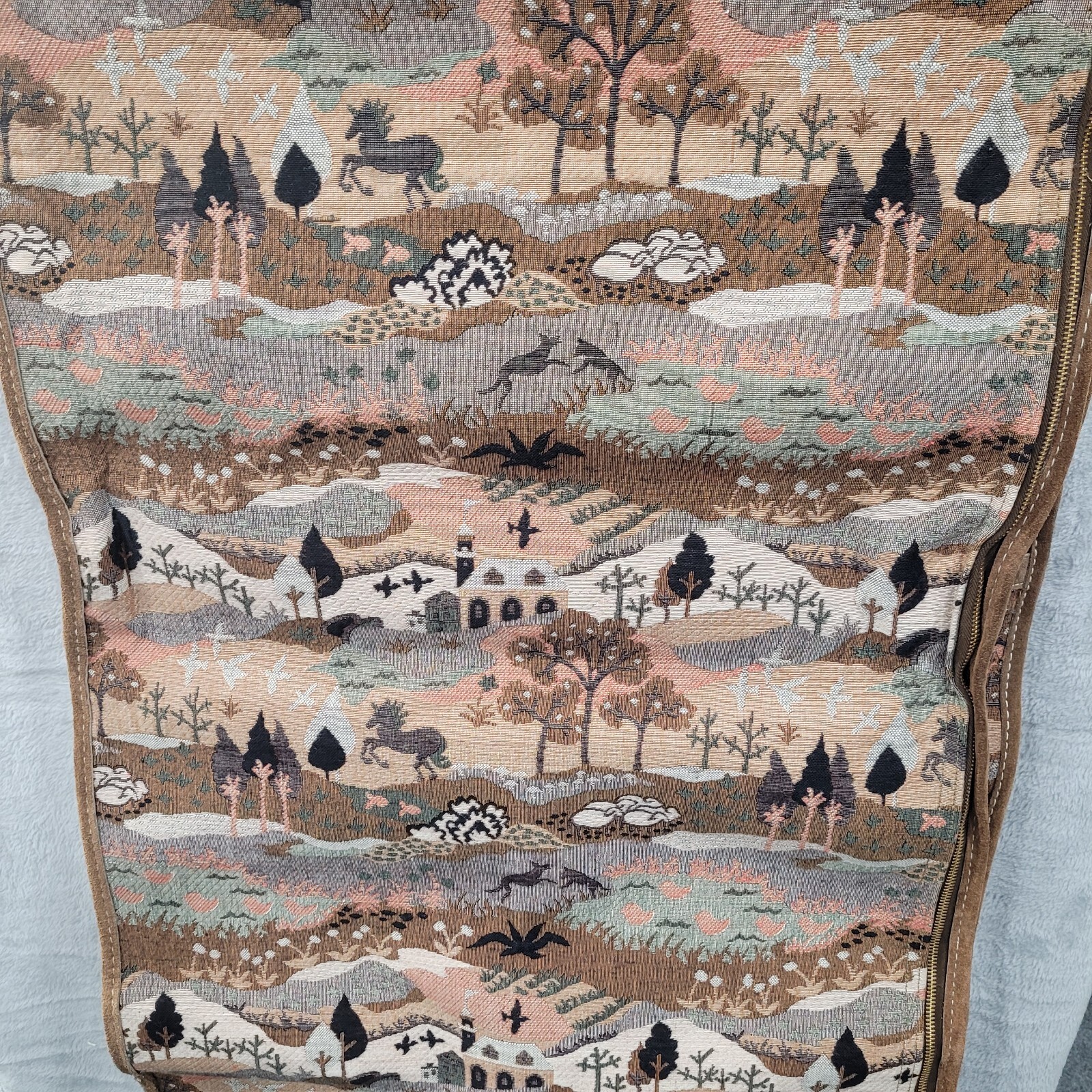 Vintage Garment Bag Embroidered Tapestry Woodsland Animals Scenes