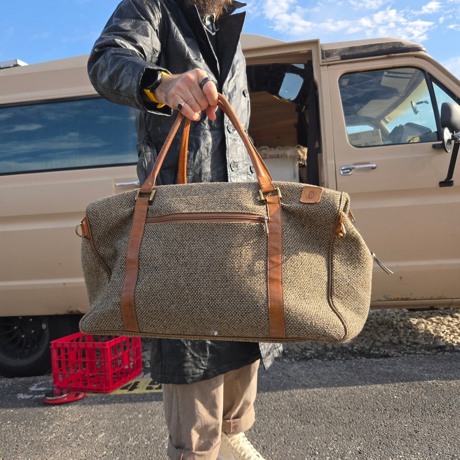 VTG Hartmann Duffel Bag Tan Tweed Leather Trim Large Weekend Travel Carry On EUC