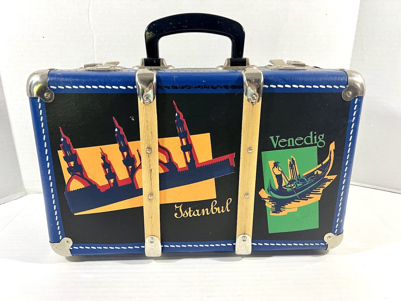 Unusual Vintage Blue Luggage Travel Suitcase Decor Istanbul Venedig Nice! #2