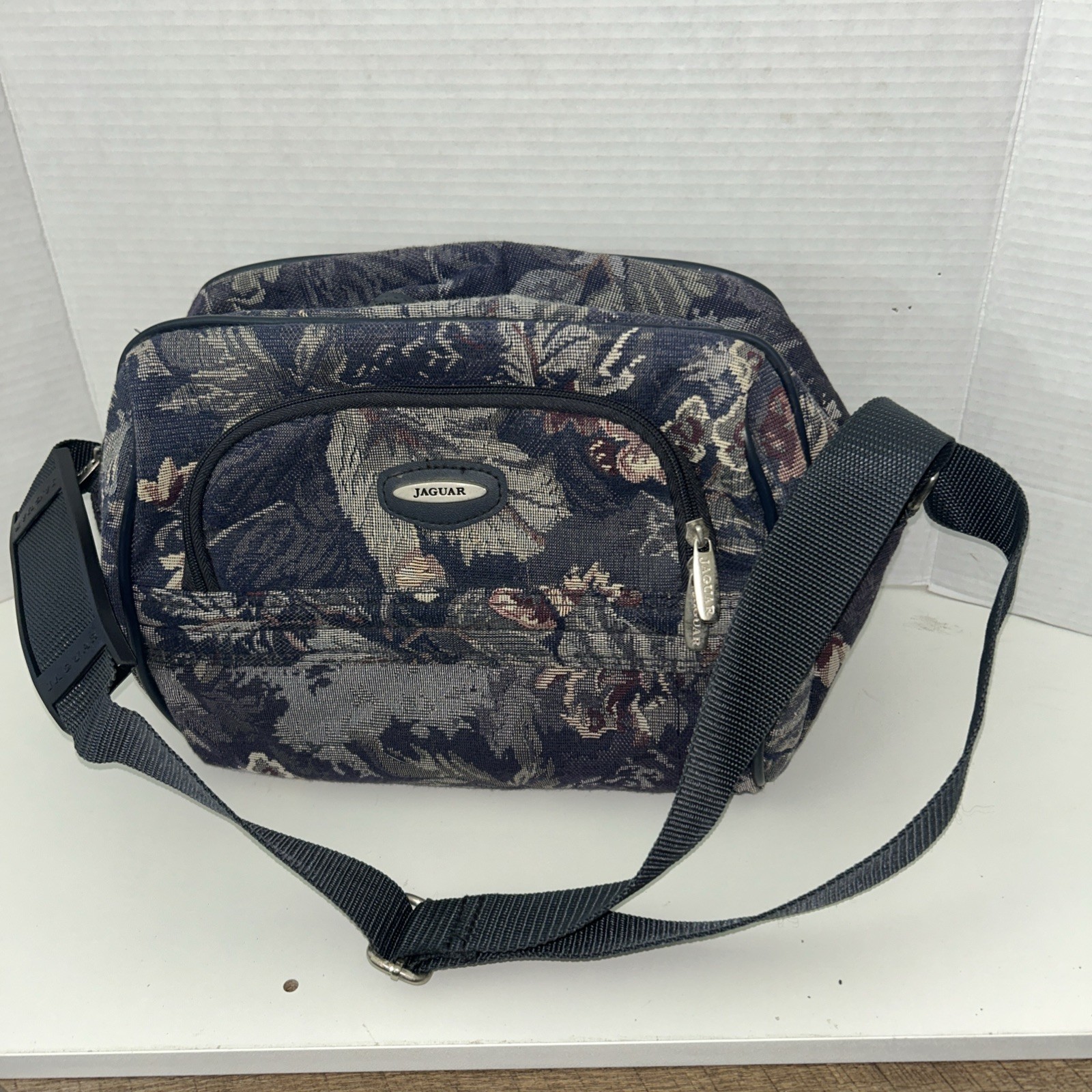 Vintage Jaguar Tapestry Floral Carry On Luggage Shoulder Travel Bag Purse Blue