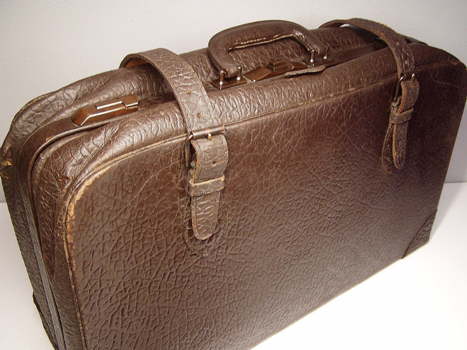 Vtg Antique 20s/30s Elephant Print Leather Suitcase Luggage Presto Lock Brooklyn