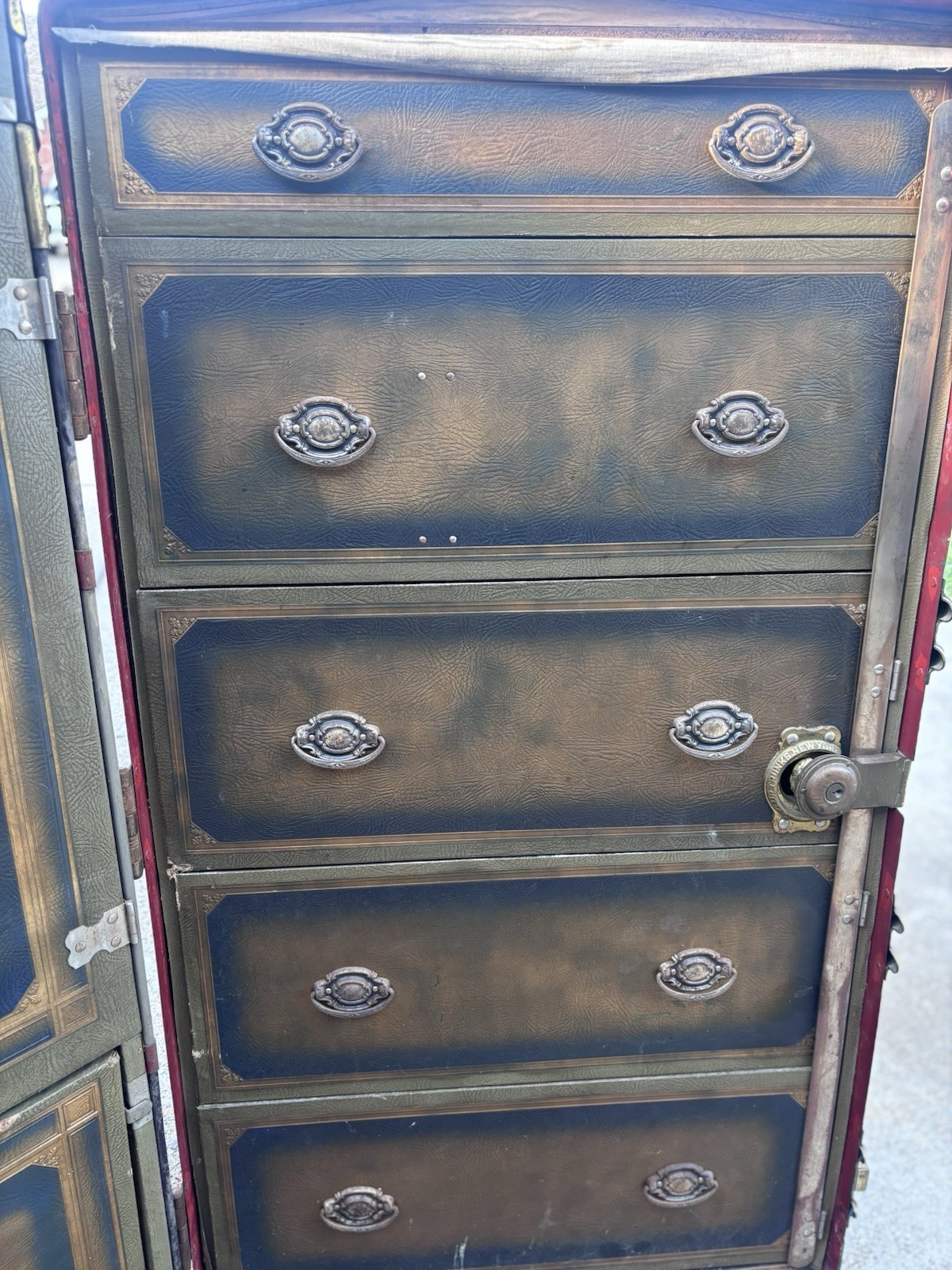True Vintage 1920s Hard Leather Wardrobe Trunk w/ Drawers, Hangers Brown